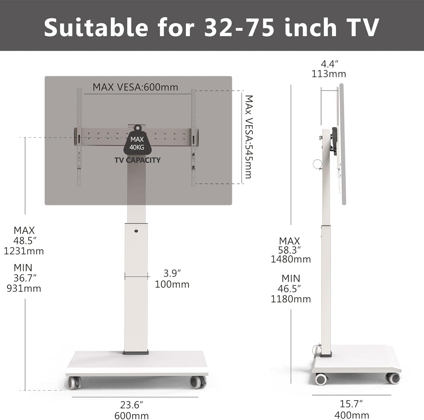 Rolling TV Stand On Wheels For 32 To 75 Inch TVs With 40 Degree Swivel