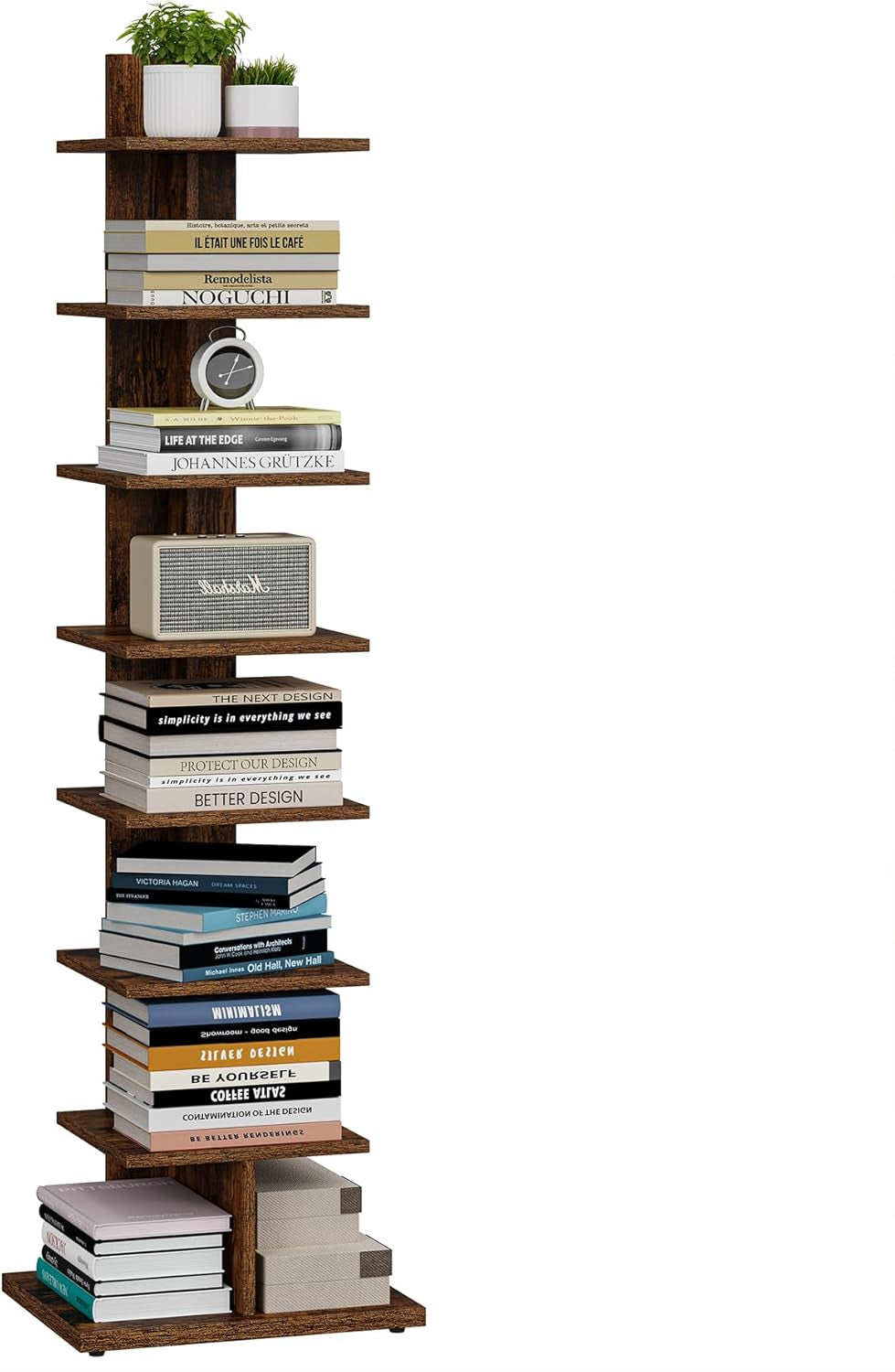 Vertical Bookshelf 8 Tier Rustic Brown Corner Shelf