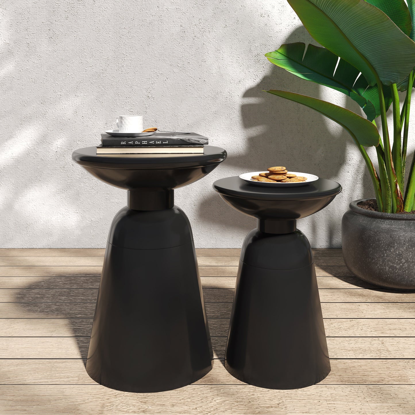 Serenita Outdoor Iron Side Tables with Flared Design, Set of 2 , Black