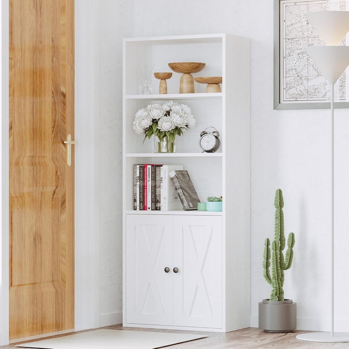 Industrial Bookshelf With Doors 11.8 Depth 5 Shelf Bookcase