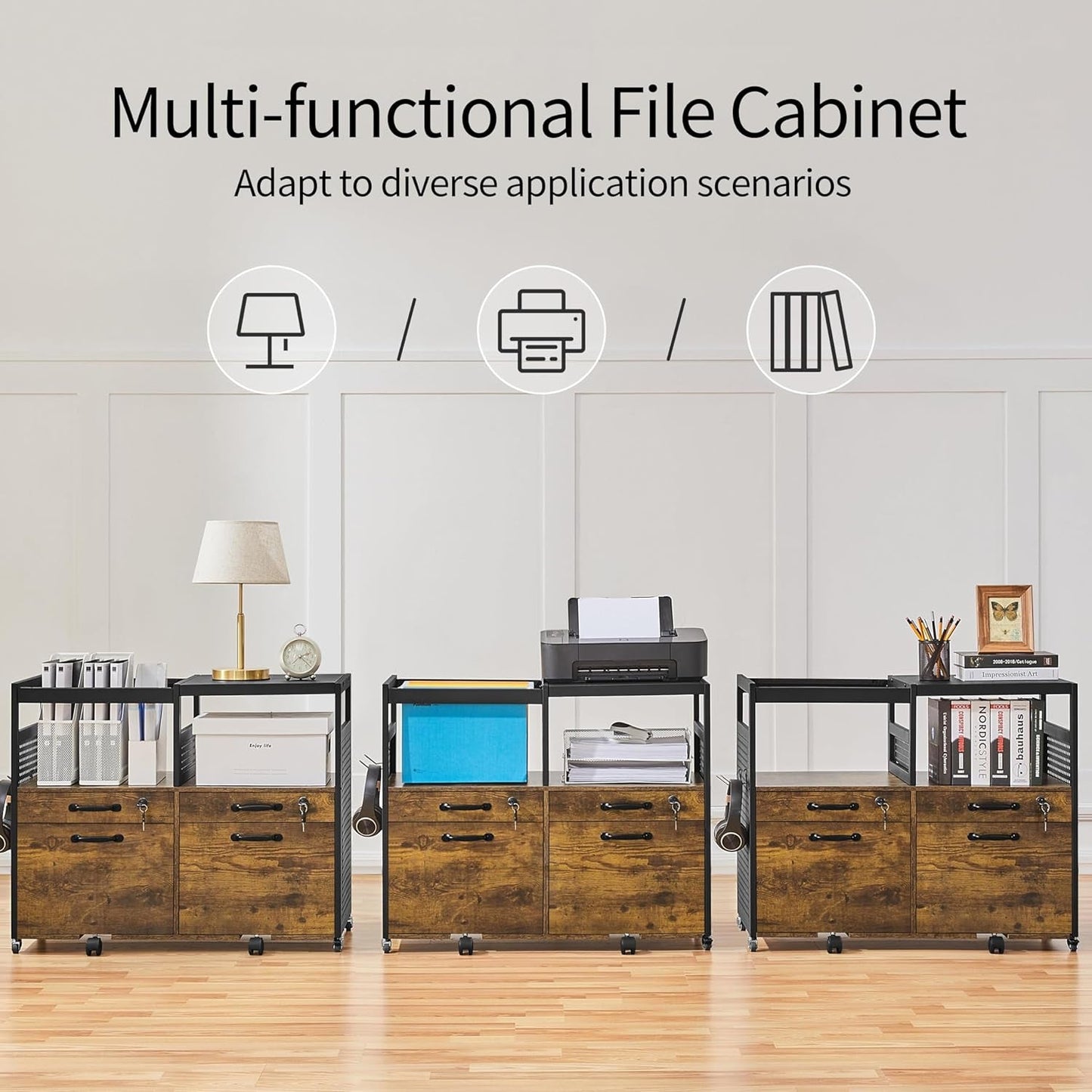 Lateral File Cabinet Printer Stand Drawers Rustic Brown