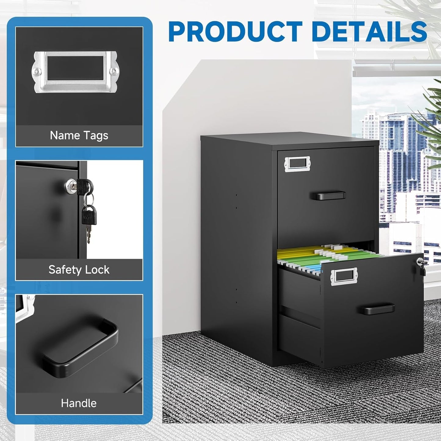 2 Drawer Locking Vertical File Cabinet For Letter Size Files Steel Office Storage