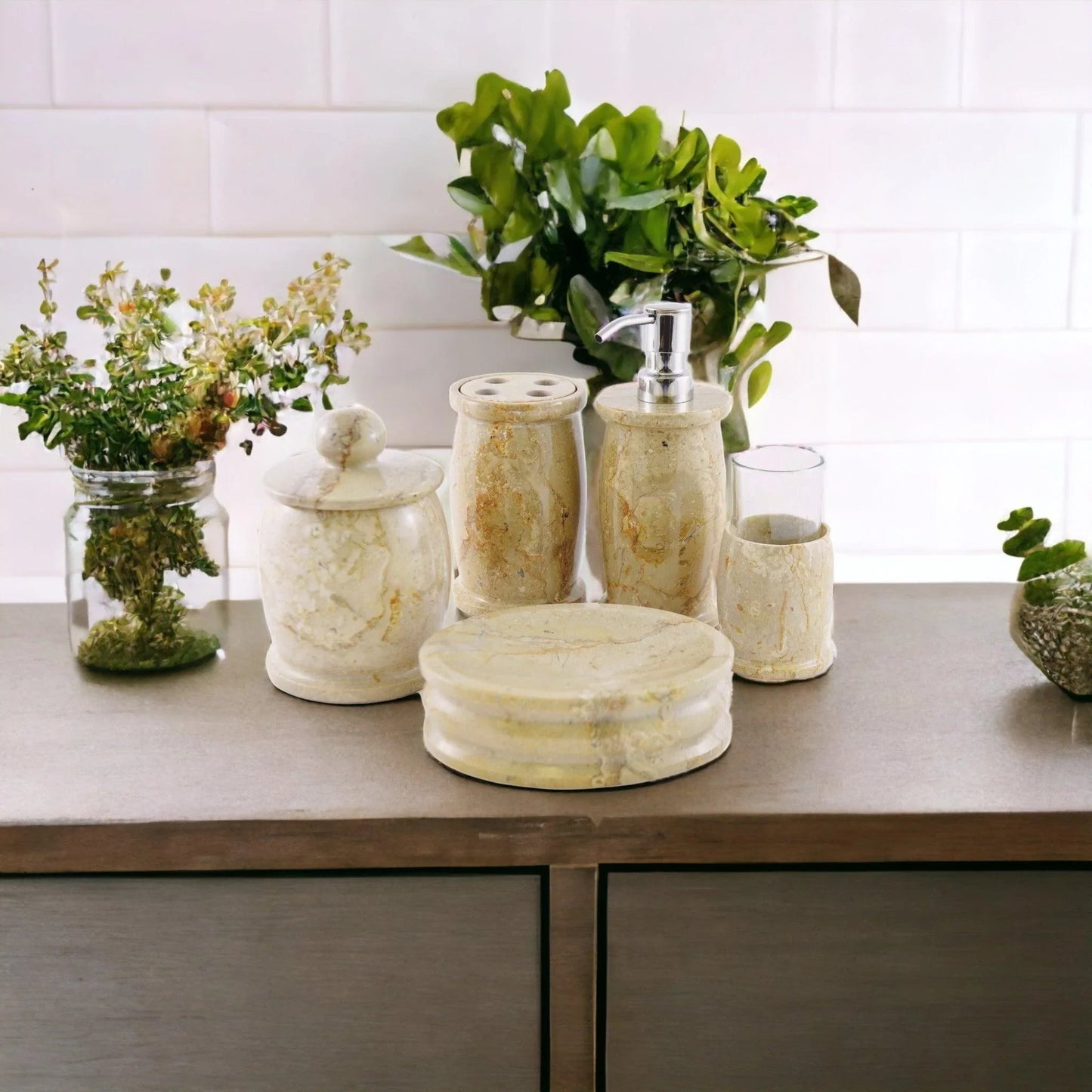 Elegant Bathroom Accessory Set of Sahara Beige Marble - Pacific Collection