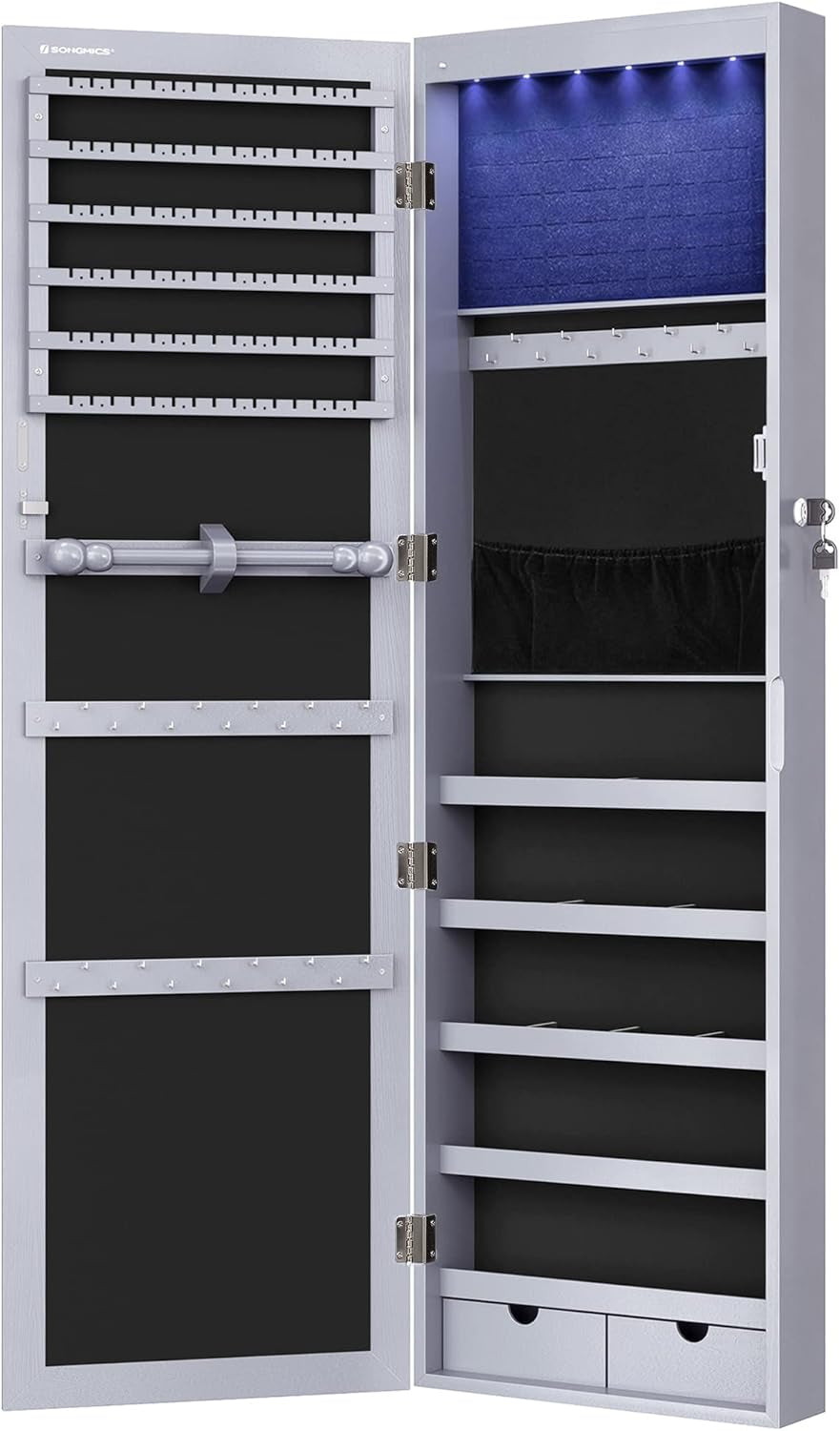 Tall Lockable Jewelry Cabinet With Mirror Gray featuring organized compartments and LED lighting.