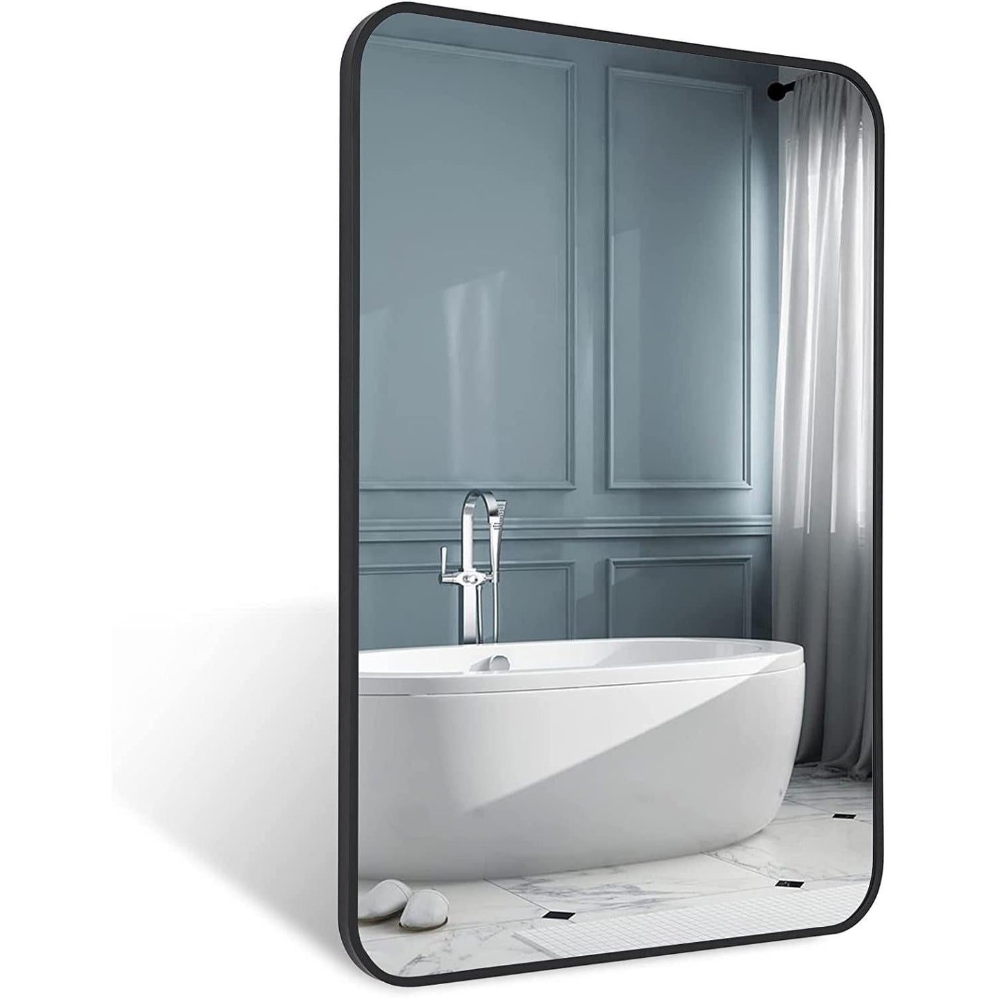 Black Metal Framed Bathroom Wall Mirror With Thin Frame reflecting a modern bathroom with a freestanding tub and soft curtains.
