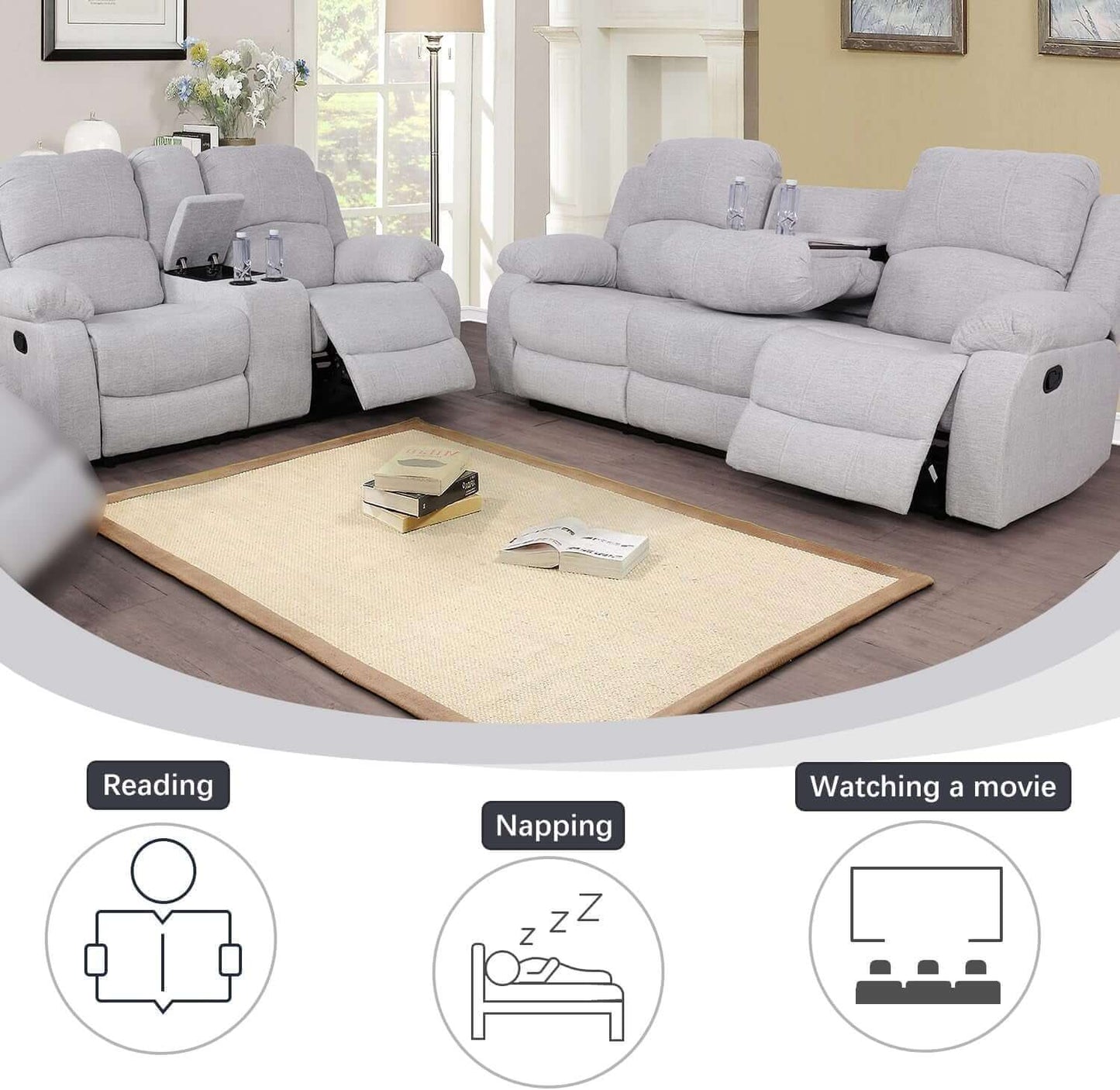 Grey Microfiber Reclining Sofa And Loveseat Set For Living Room in a stylish setting, perfect for relaxing or watching movies.