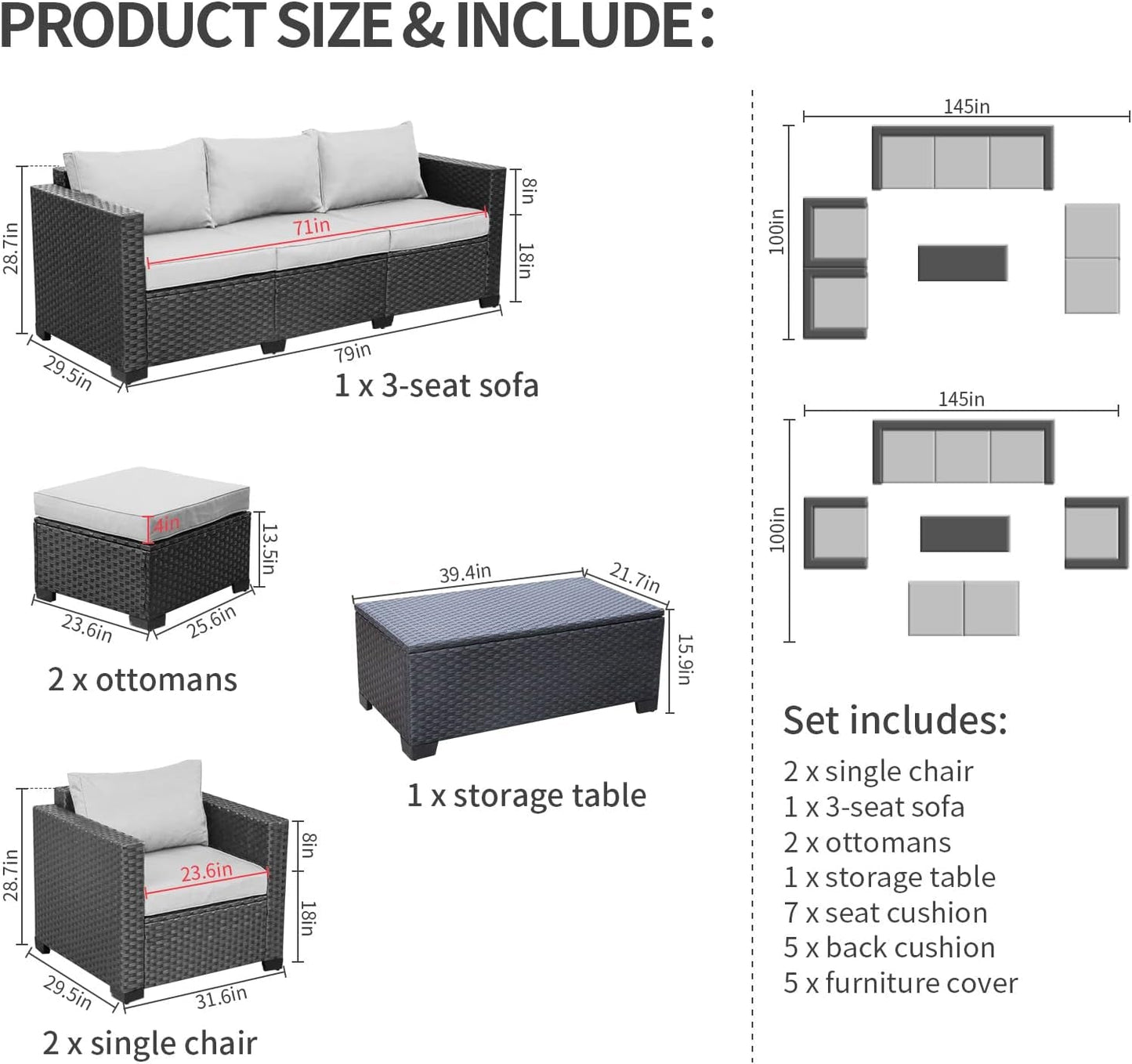 Six Piece Outdoor Wicker Furniture Set With Grey Cushions