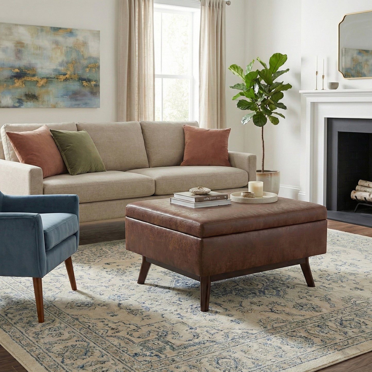 Owen 34 Inch Wide Coffee Table Storage Ottoman in Distressed Saddle