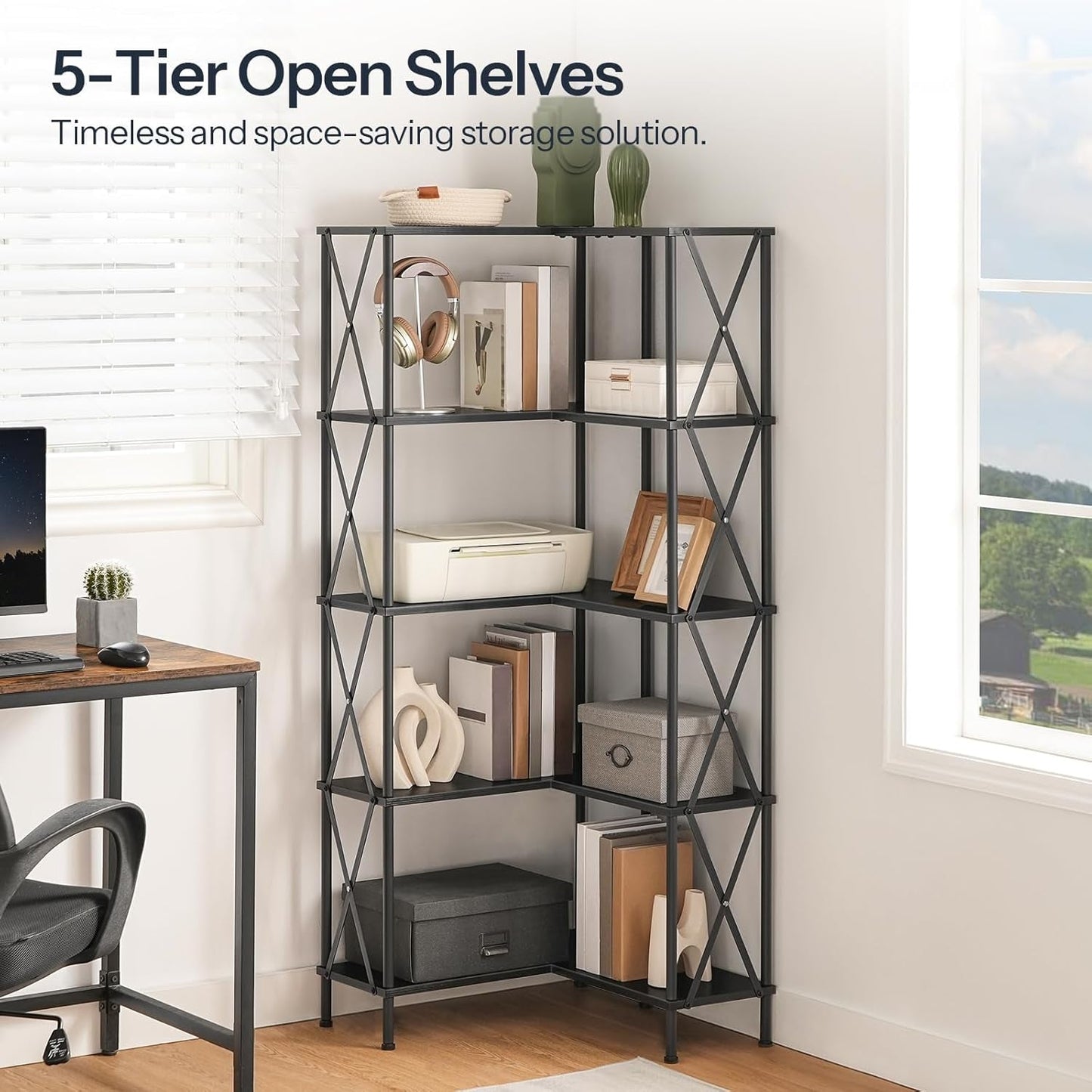 Corner Bookshelf 5 Tier L Shaped Industrial Open Display Shelf Black