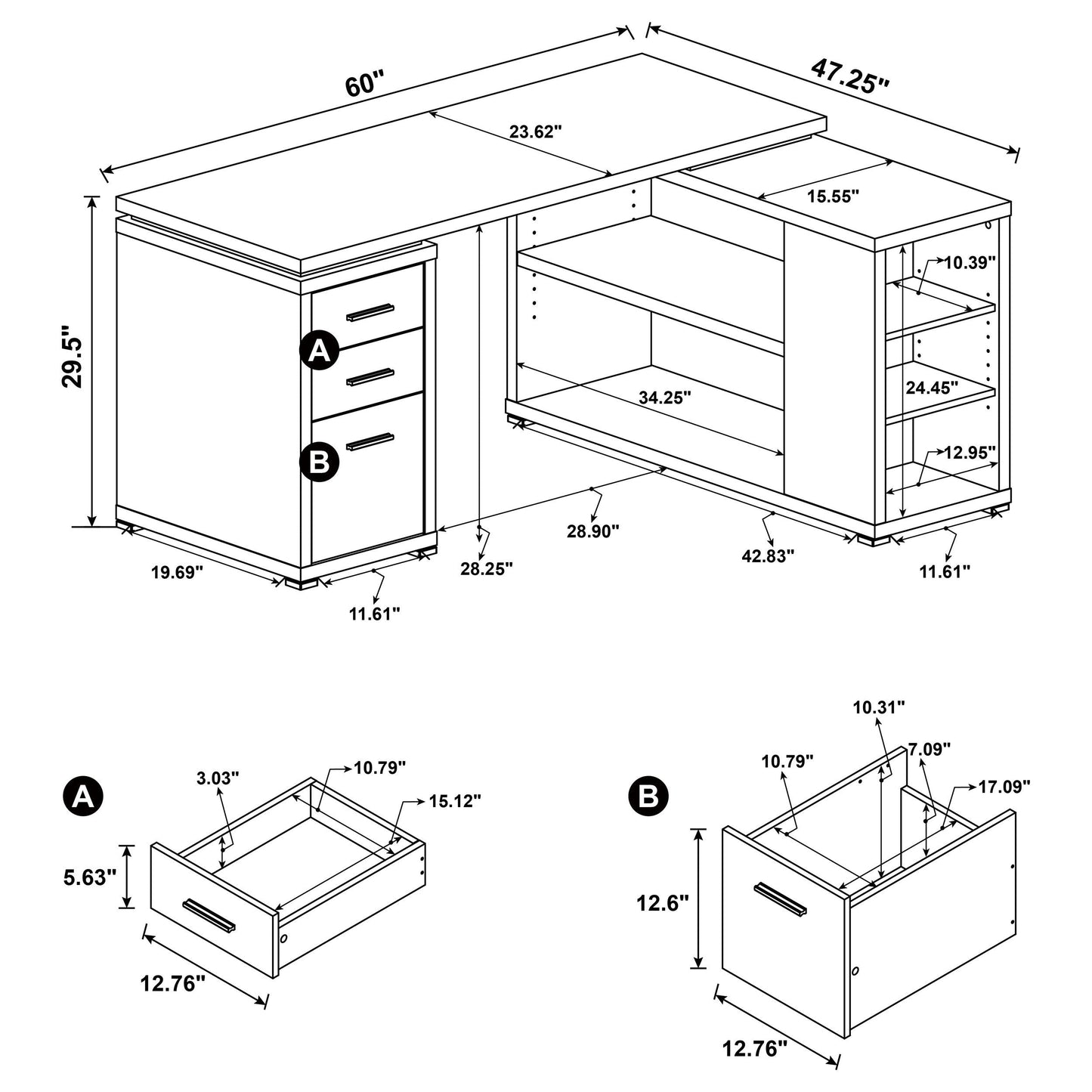 Tona Grey Driftwood 3-Drawer L-shape Desk
