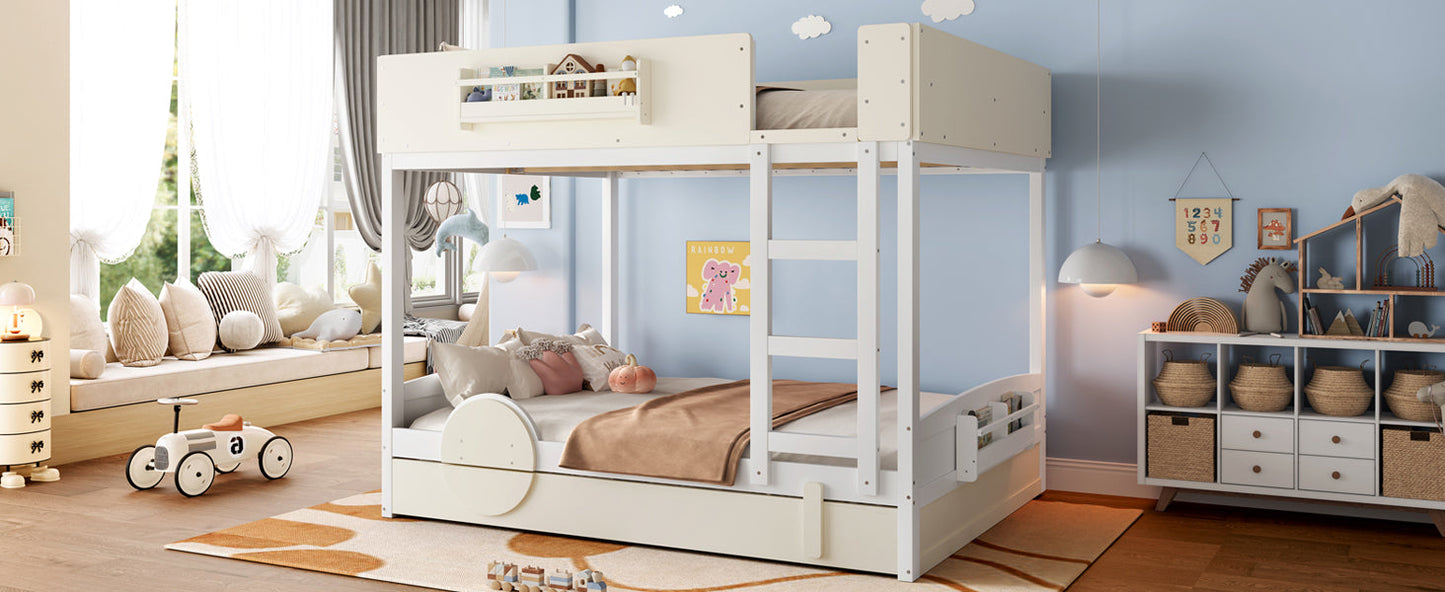 Queen Bunk Bed with Trundle , Wood Bunk Bed Frame with Built-in Bookshelf and High-quality Safety Guardrail,Automobile Form Design for Kids ,White& Beige.
