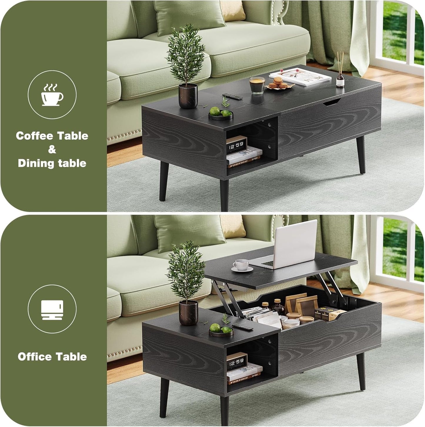 Black Wood Lift Top Coffee Table With Hidden Compartment