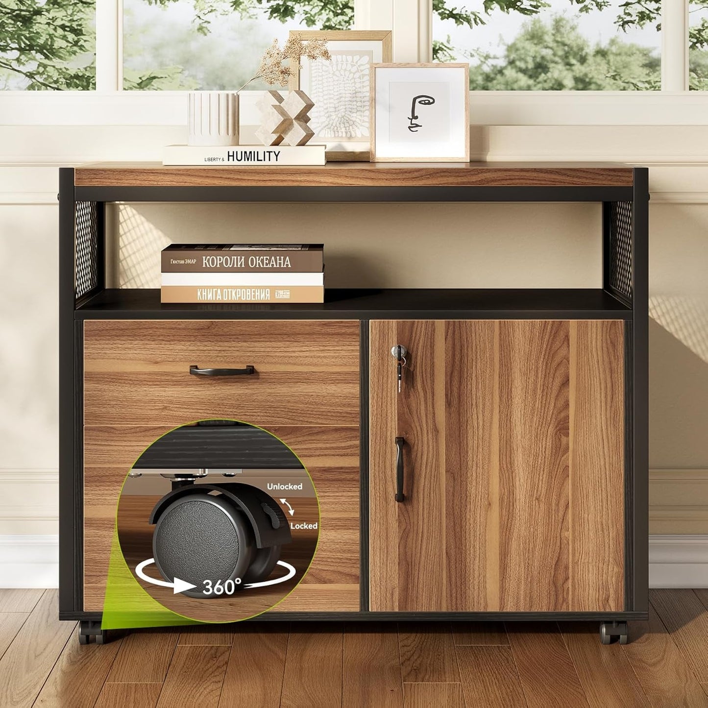 55 Inch L Shaped Desk With File Cabinet Walnut Black