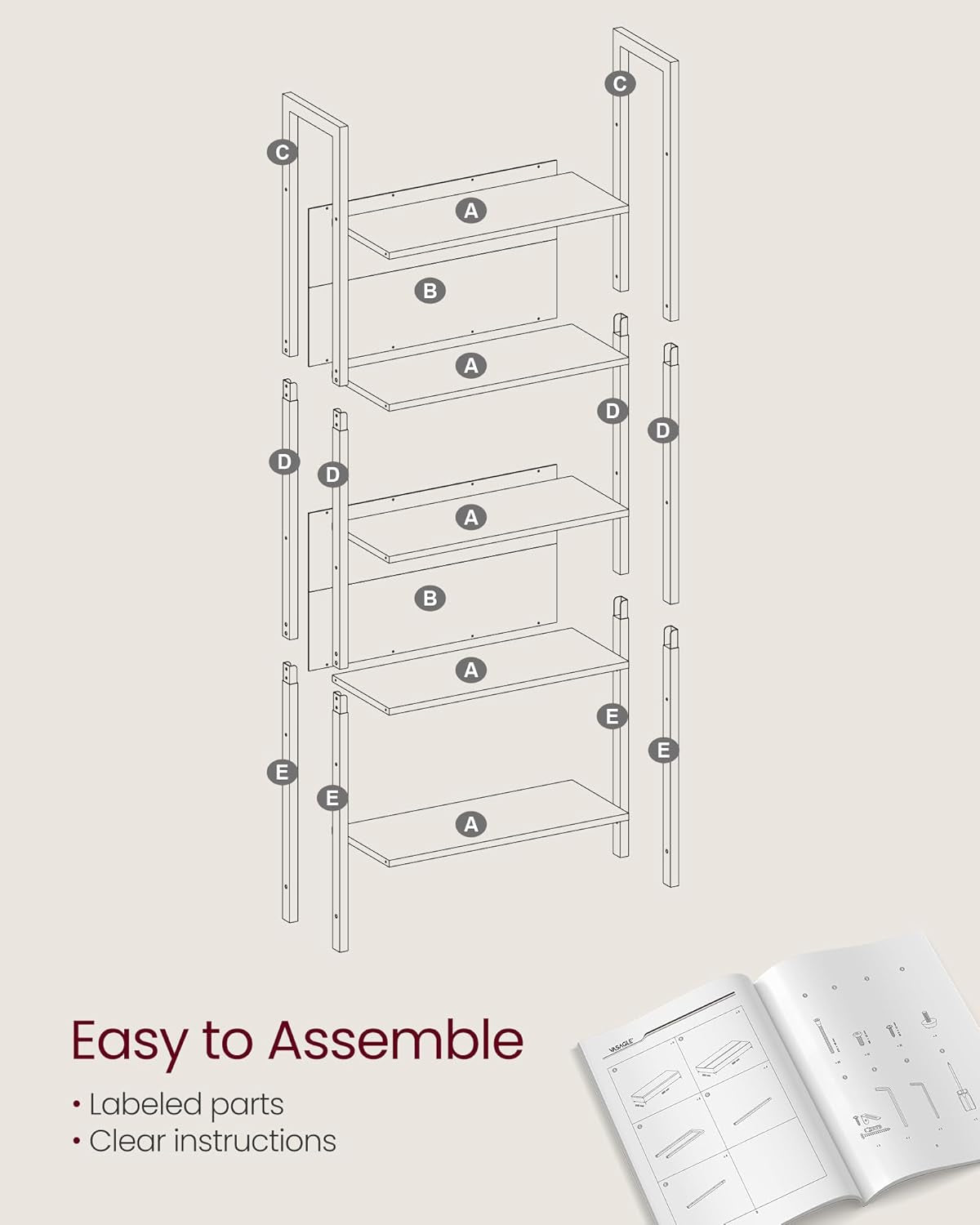 Five Tier Bookshelf With Steel Frame Camel Brown And Black