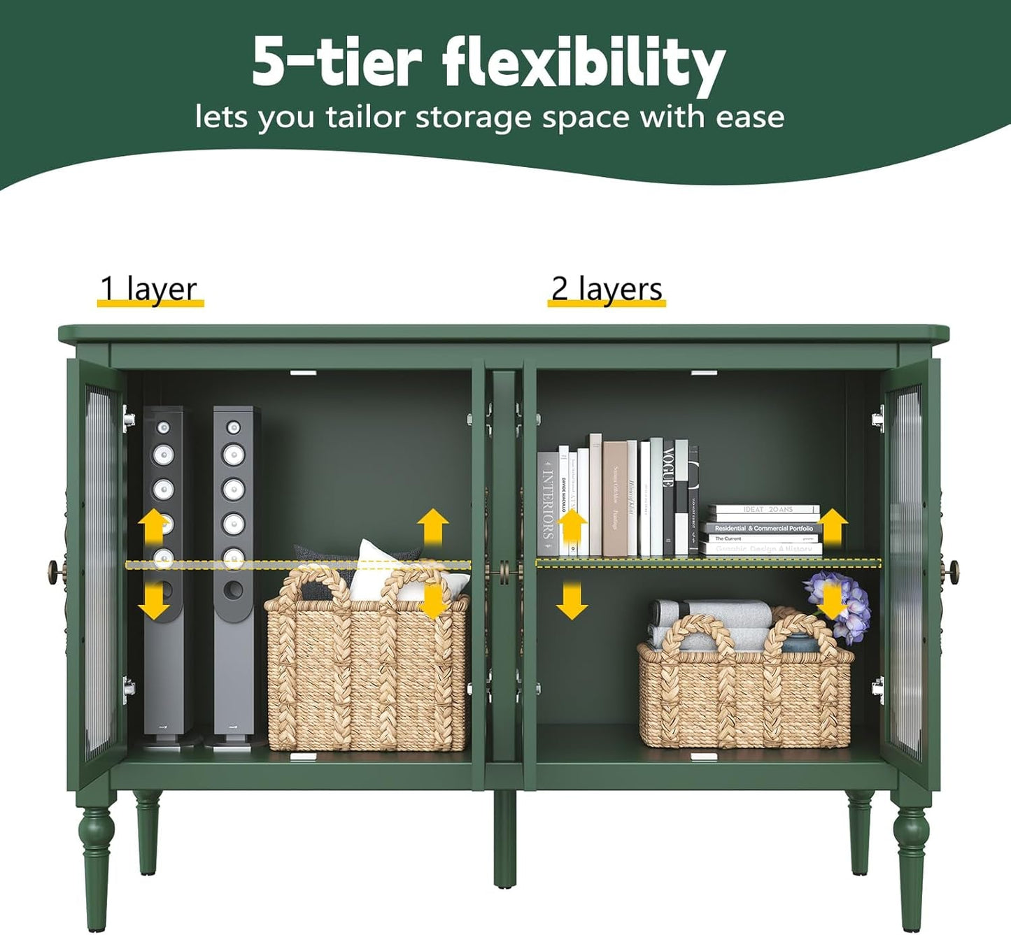 Vintage Green Glass Doors Buffet Sideboard Storage 48 Inch