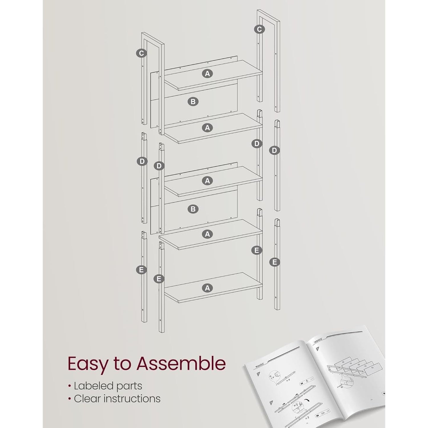 5 Tier Bookshelf Steel Frame 9.4Dx24.4Wx65H Greige Black