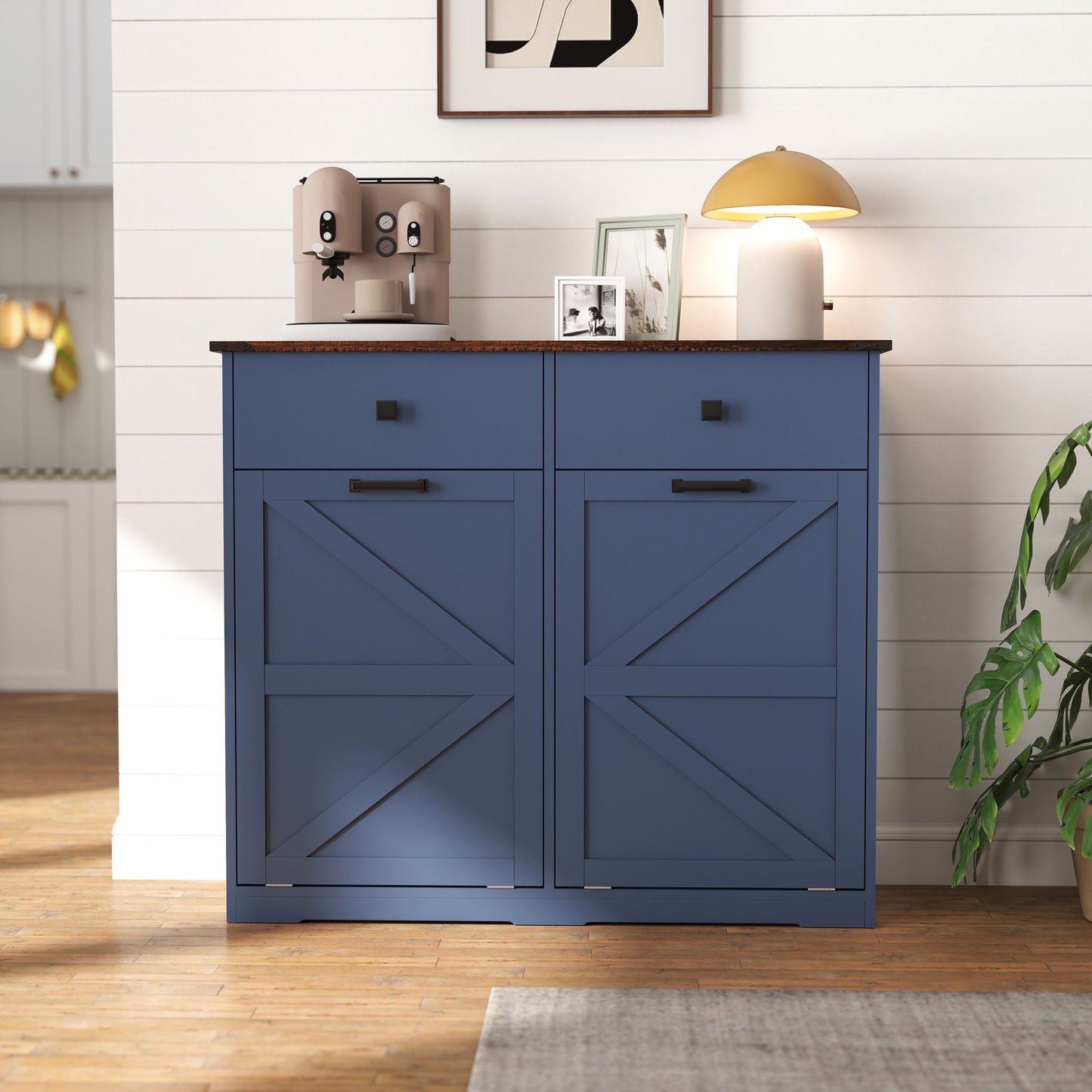 Double Tilt-Out Trash Cabinet With Hideaway Drawer and Barn Door Style