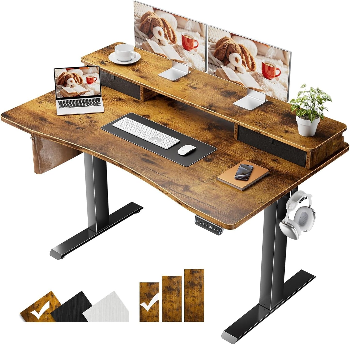 Brown 47.2 Inch Standing Desk Monitor Riser Drawers