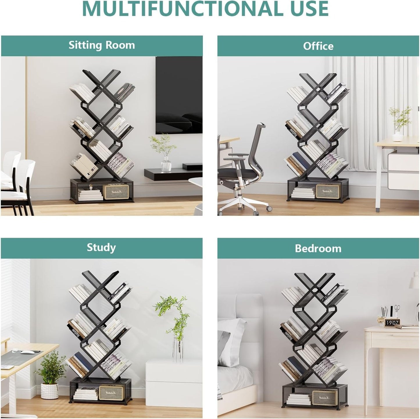 Folding Bookshelf 9 Tier Tree Design With Storage Cabinet