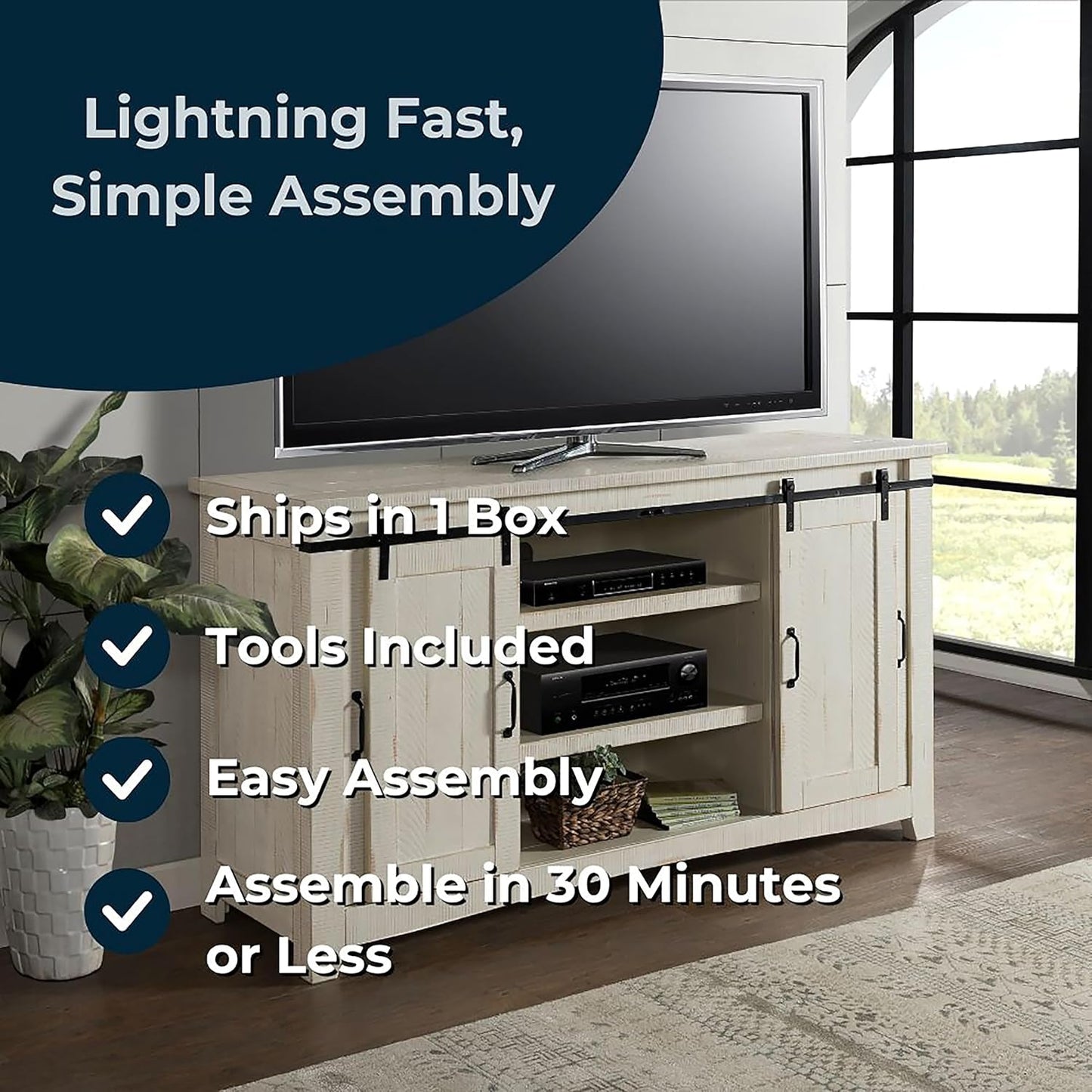 65 Inch Solid Wood TV Stand In Antique White With Storage