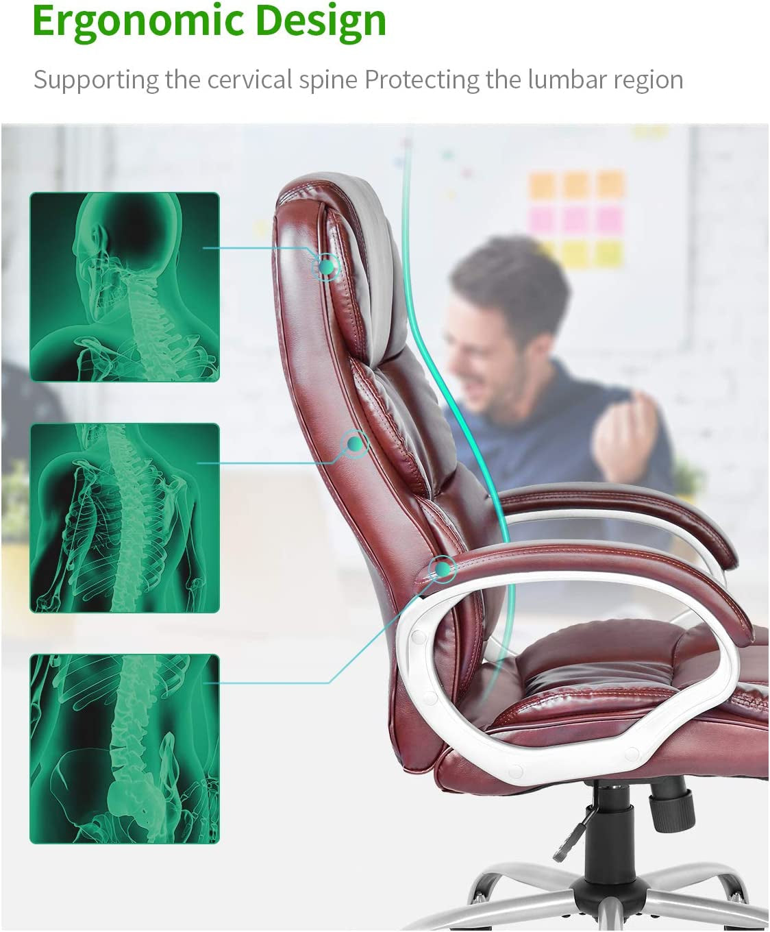 Ergonomic High Back Office Chair Adjustable PU Leather With Armrests Brown