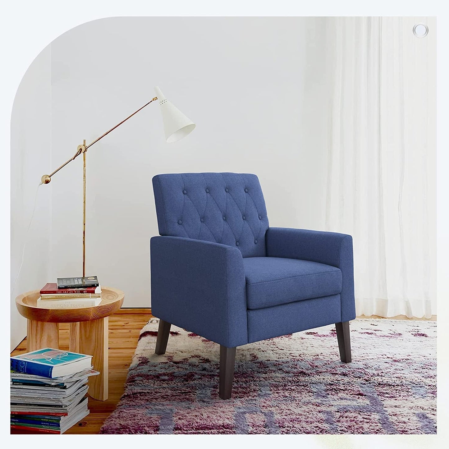 Blue Armchair For Small Spaces With Linen Upholstery And Wooden Legs