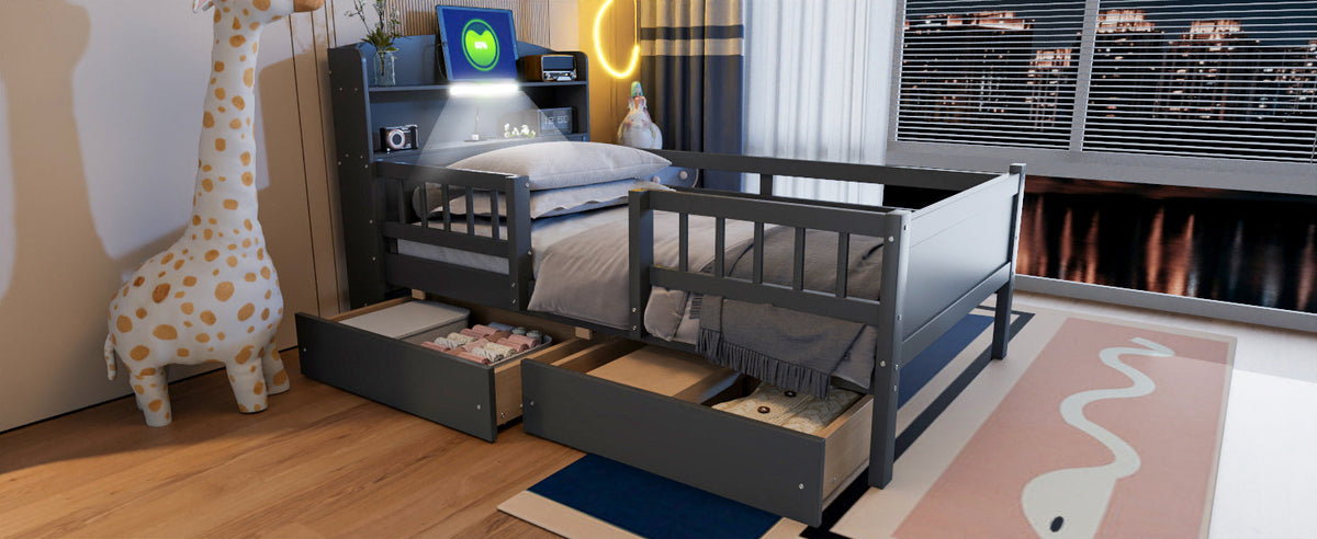 Wood Twin Size Platform Bed with Built-in LED Light