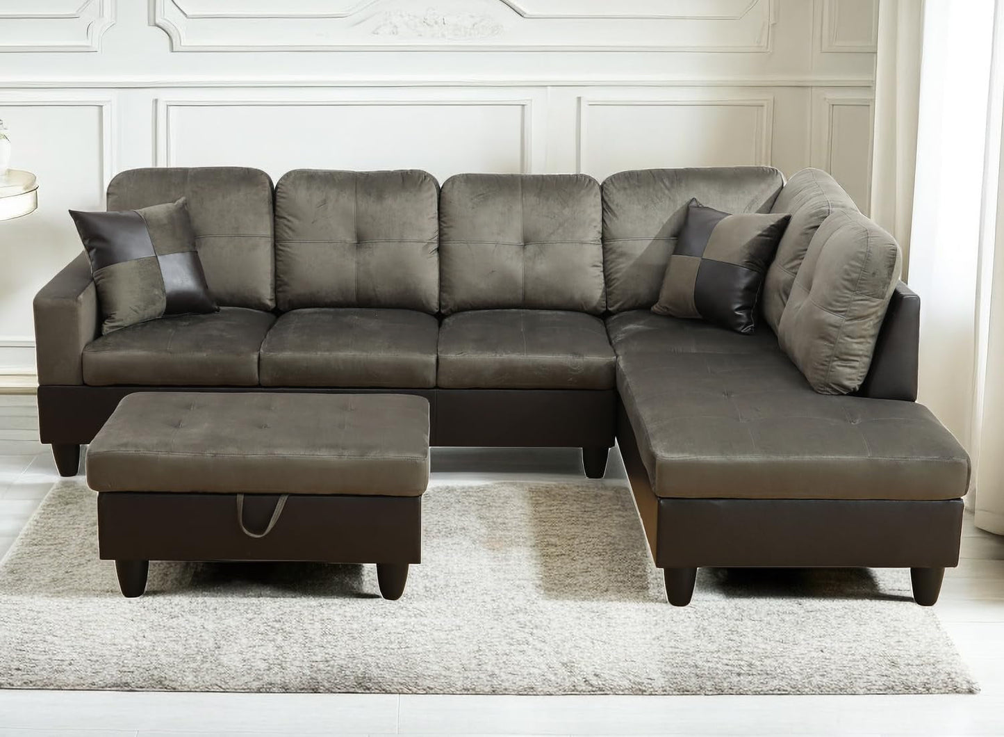Taupe 105 Inch L Shaped Sectional Sofa With Storage Ottoman