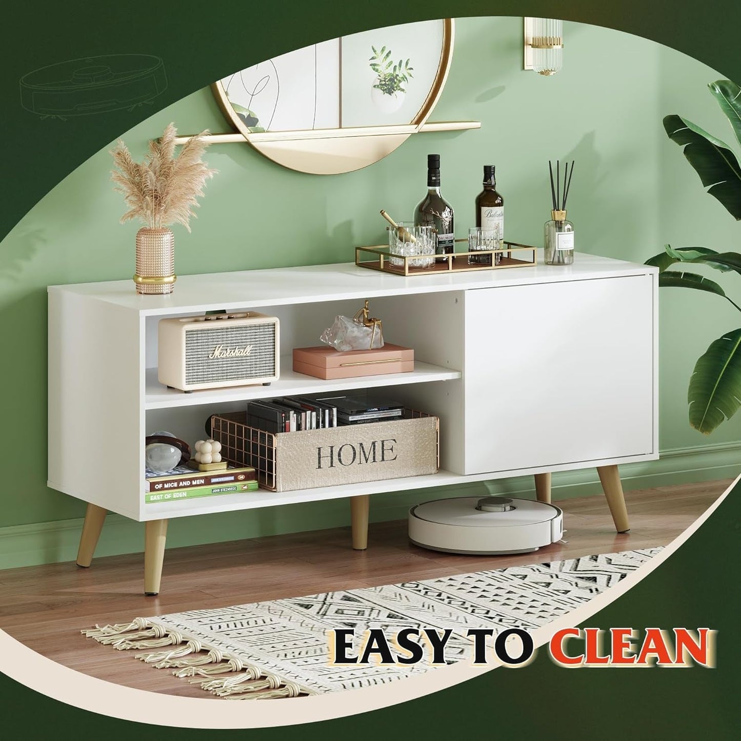 55-Inch TV Stand White Mid-Century Modern Storage Shelves