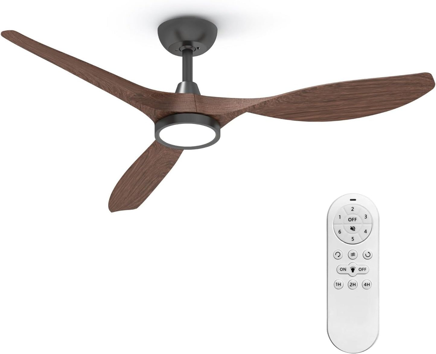 52 Inch Black Ceiling Fan With Lights And Remote Control showcasing dark woodgrain blades and remote.