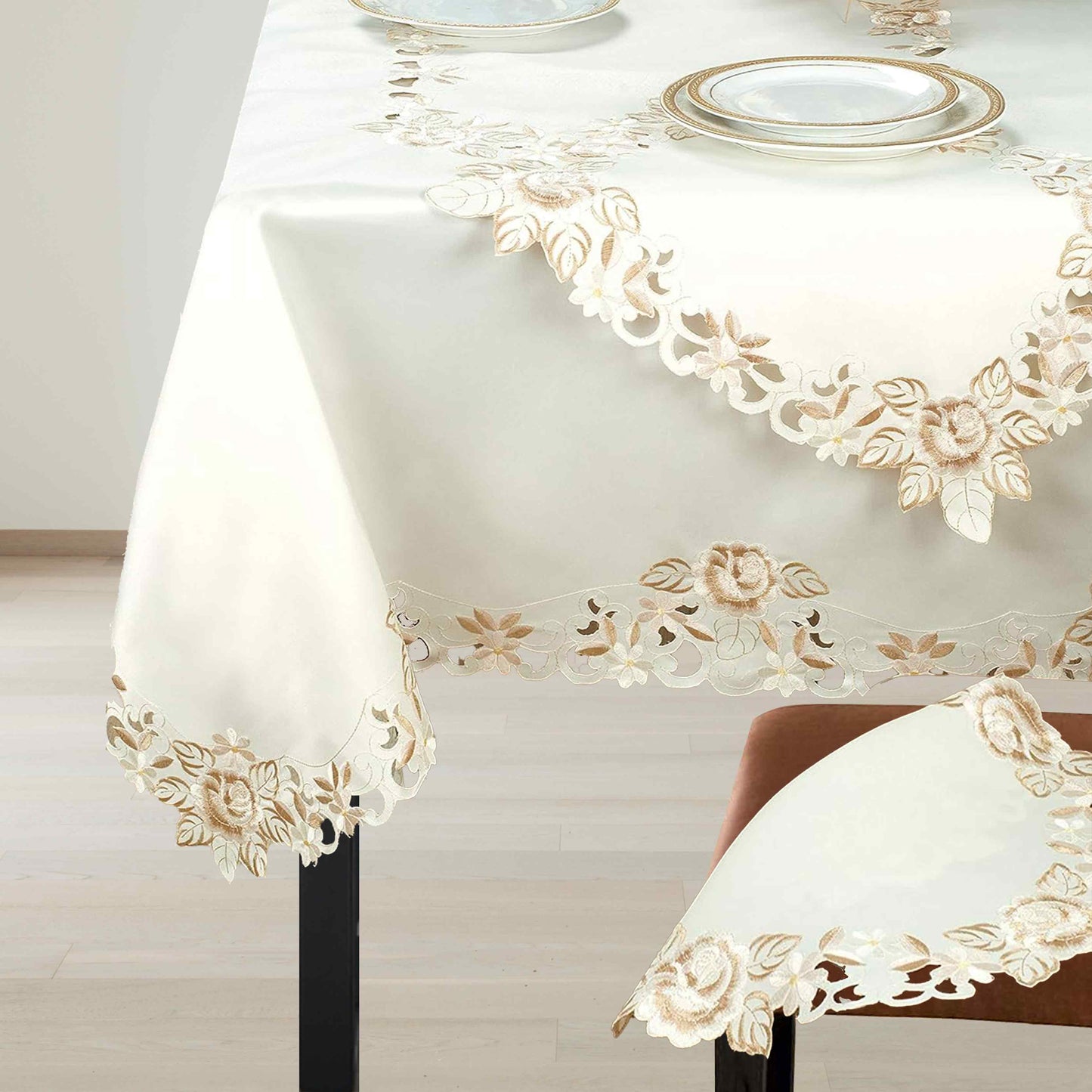 European Embroidered Table Topper – Rustic Cream Polyester Fabric Table Cover