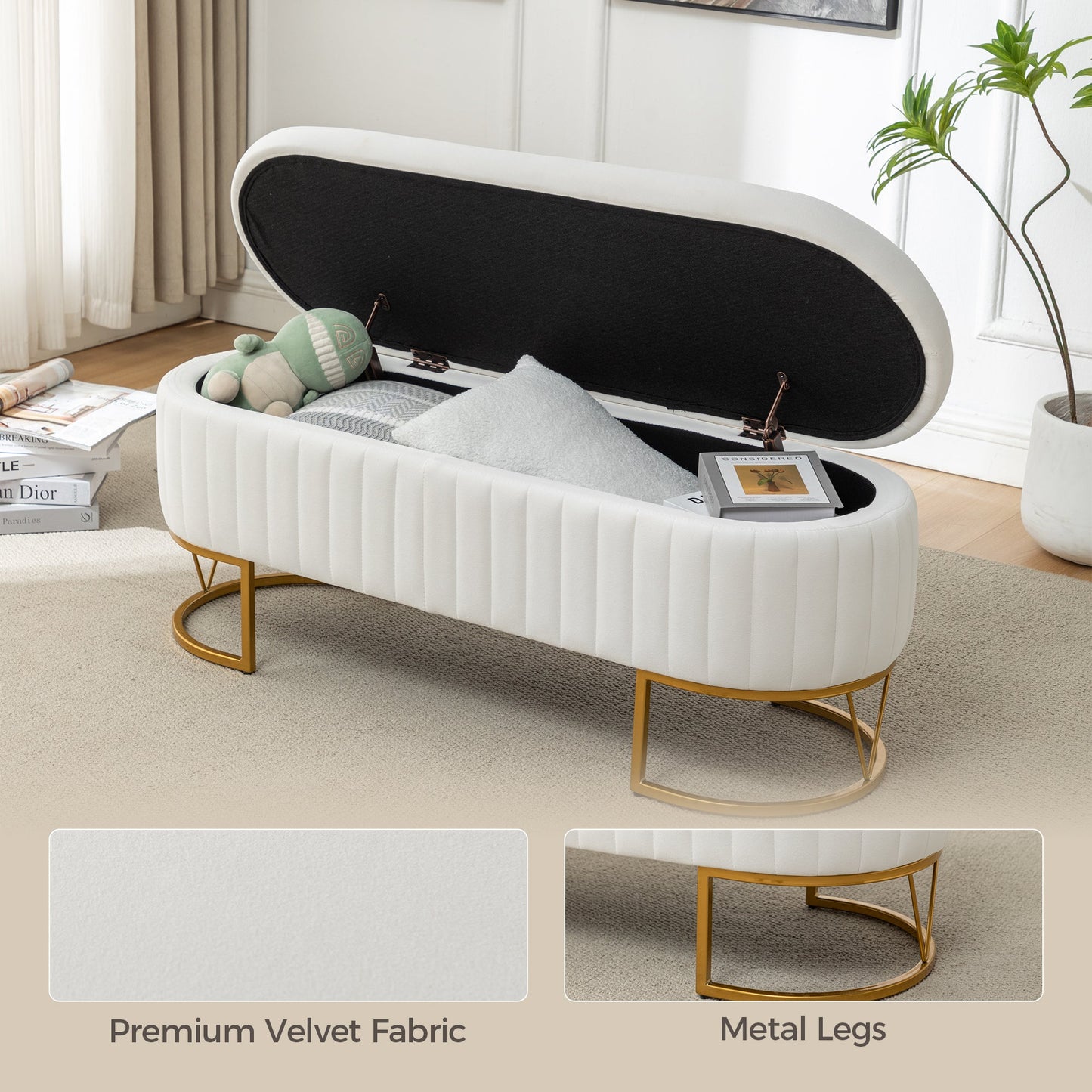 Storage Bench - Velvet Oval Upholstered Design