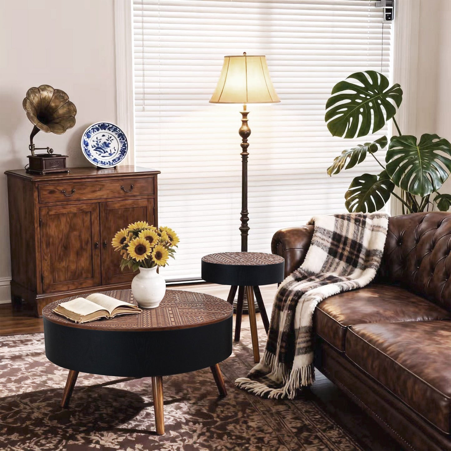 31.5" Round Carved Coffee Table with Storage Space