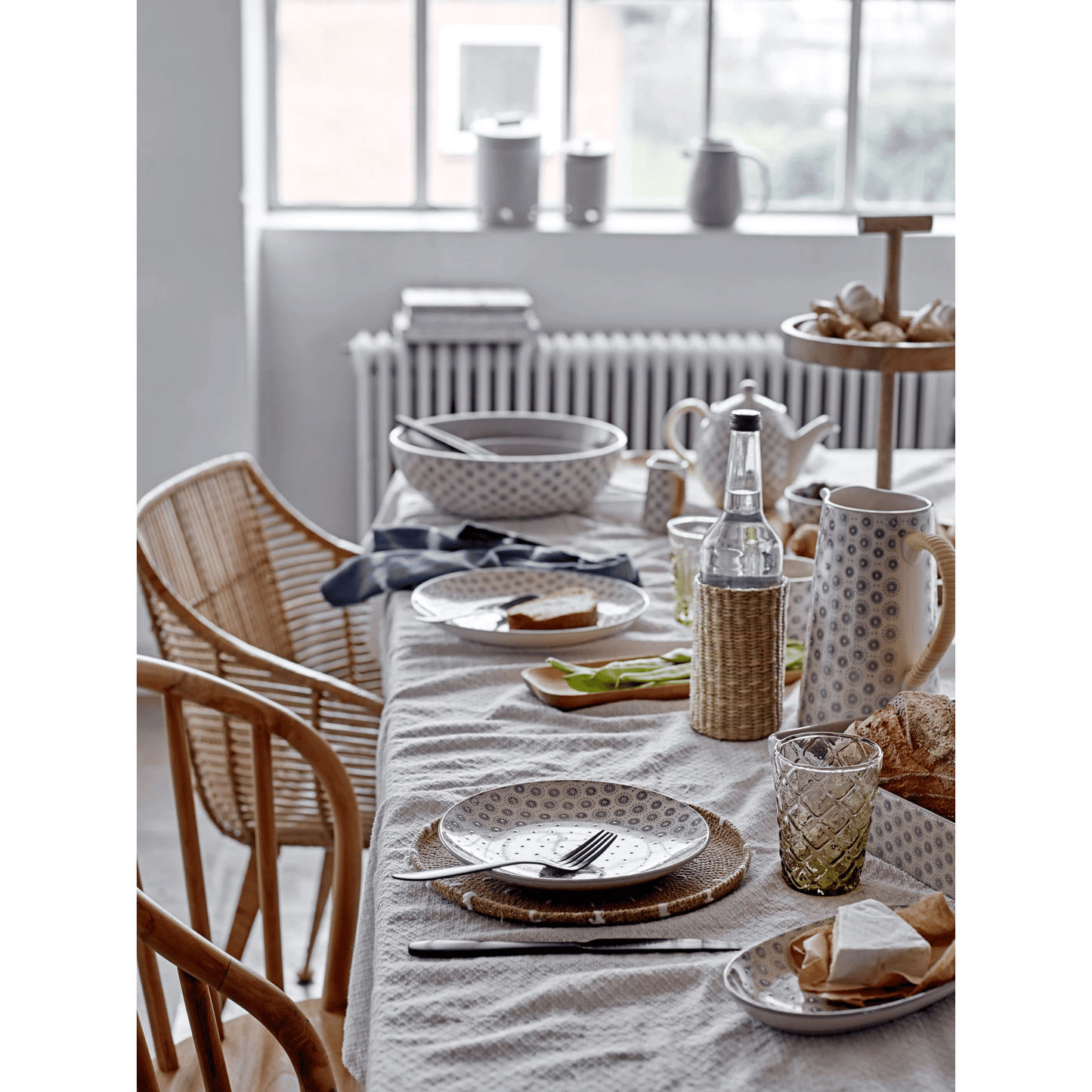 Stoneware Bowl with Grey Hand-Stamped Pattern