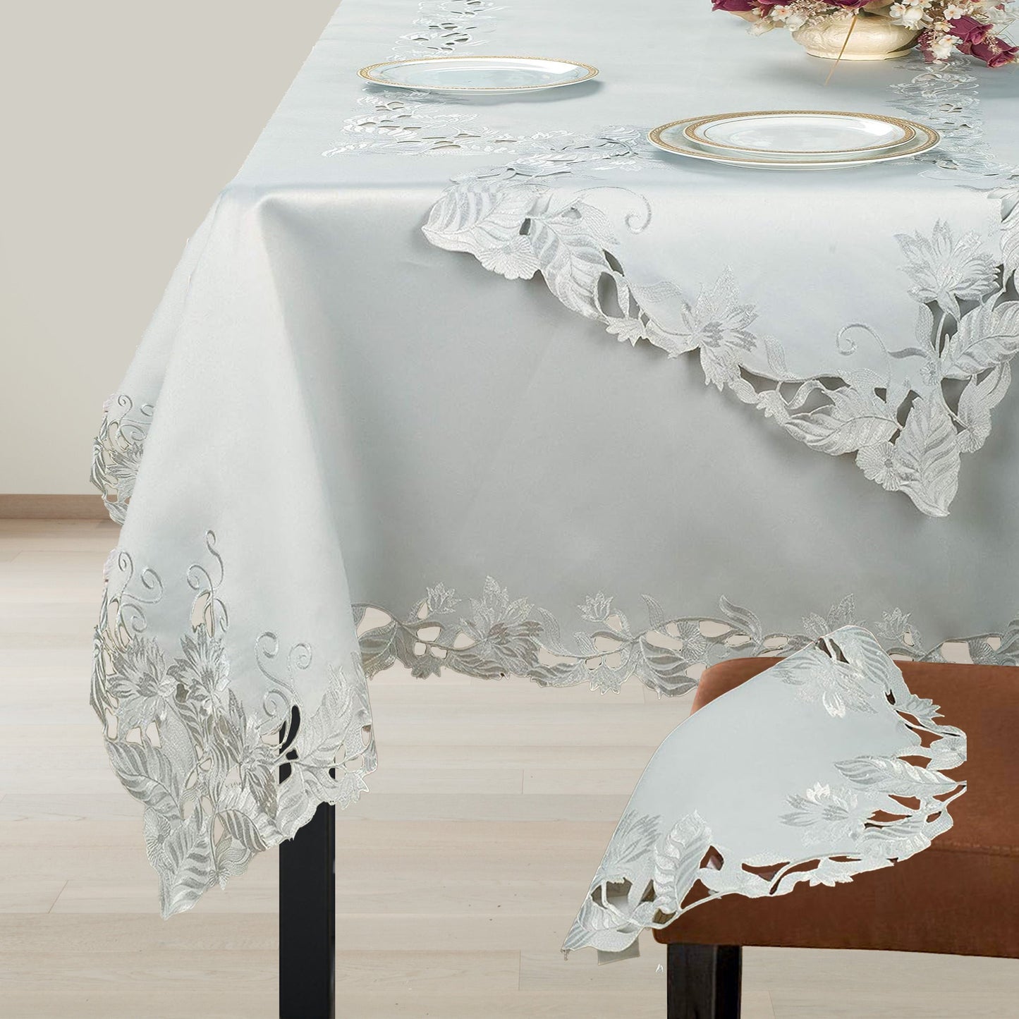 European Embroidered Table Topper – Rustic Gray Tablecloth for Dining Protection