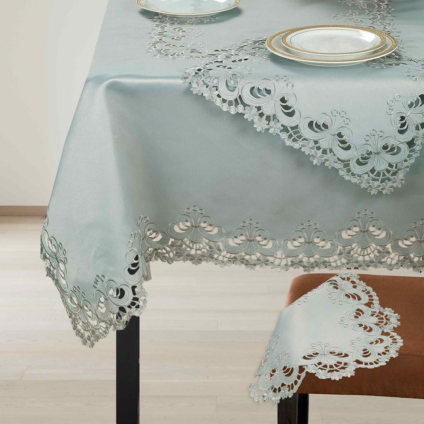 European Embroidered Table Topper - Rustic Gray Polyester Fabric Tablecloth