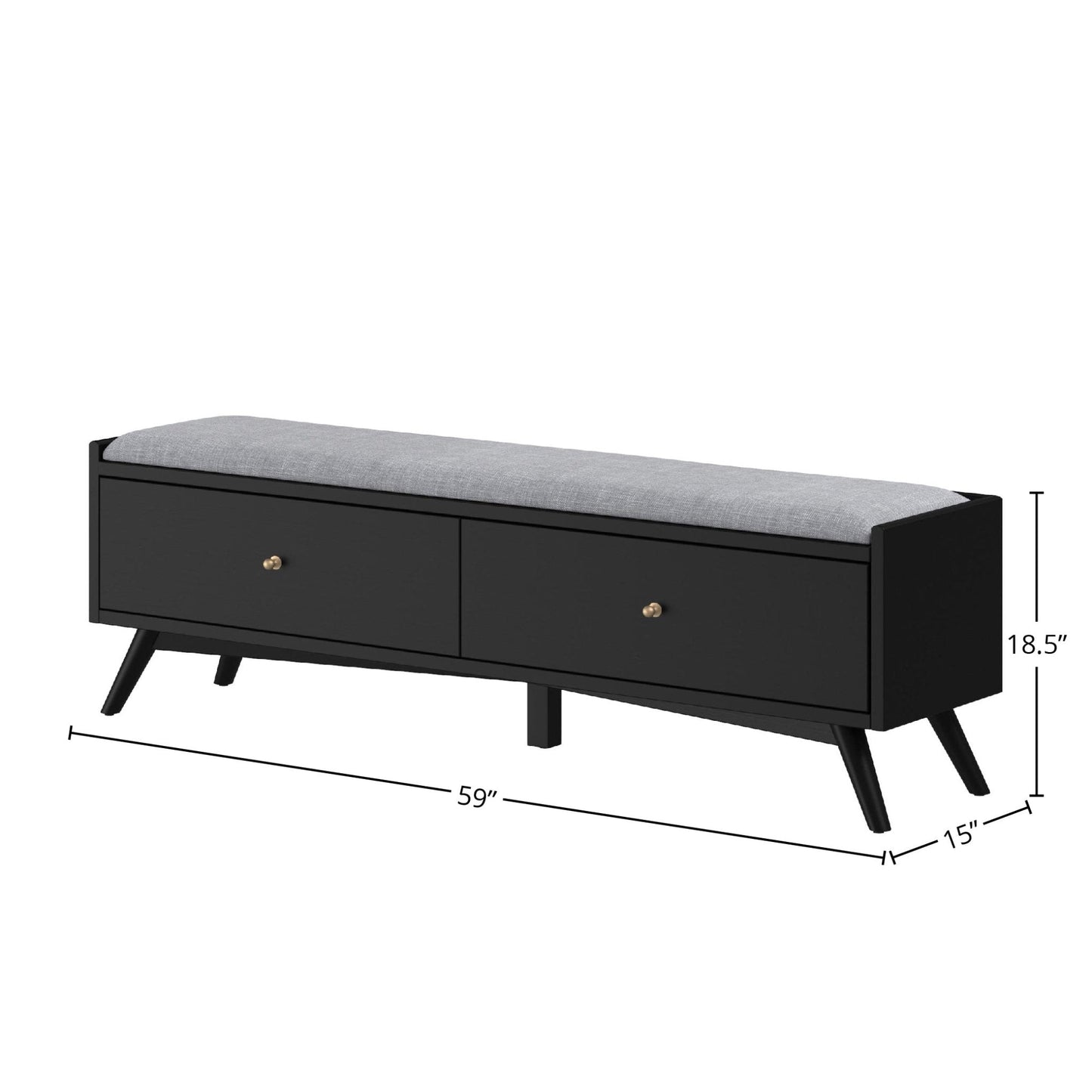 Flynn Bench, black Mid-Century Modern furniture with storage drawers and upholstered seat, 59 inches long.