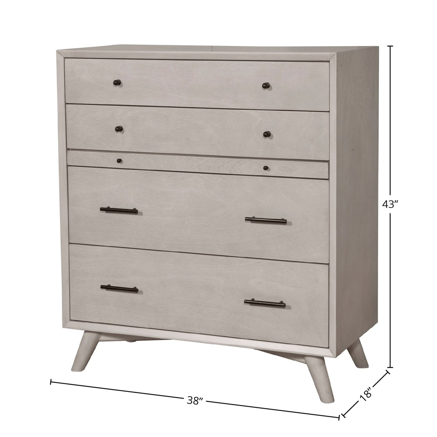 Flynn Chest, Gray with four drawers, 38x18x43 inches, featuring Mid-Century Modern design.