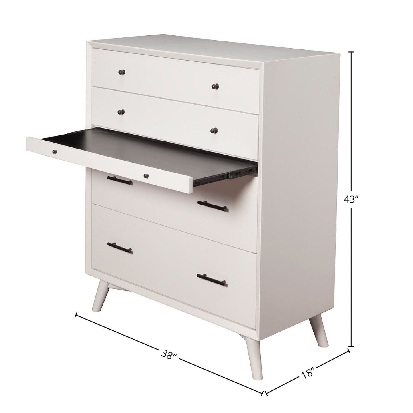 Flynn Chest, White with three drawers open showcasing storage space, designed in Mid-Century Modern style.