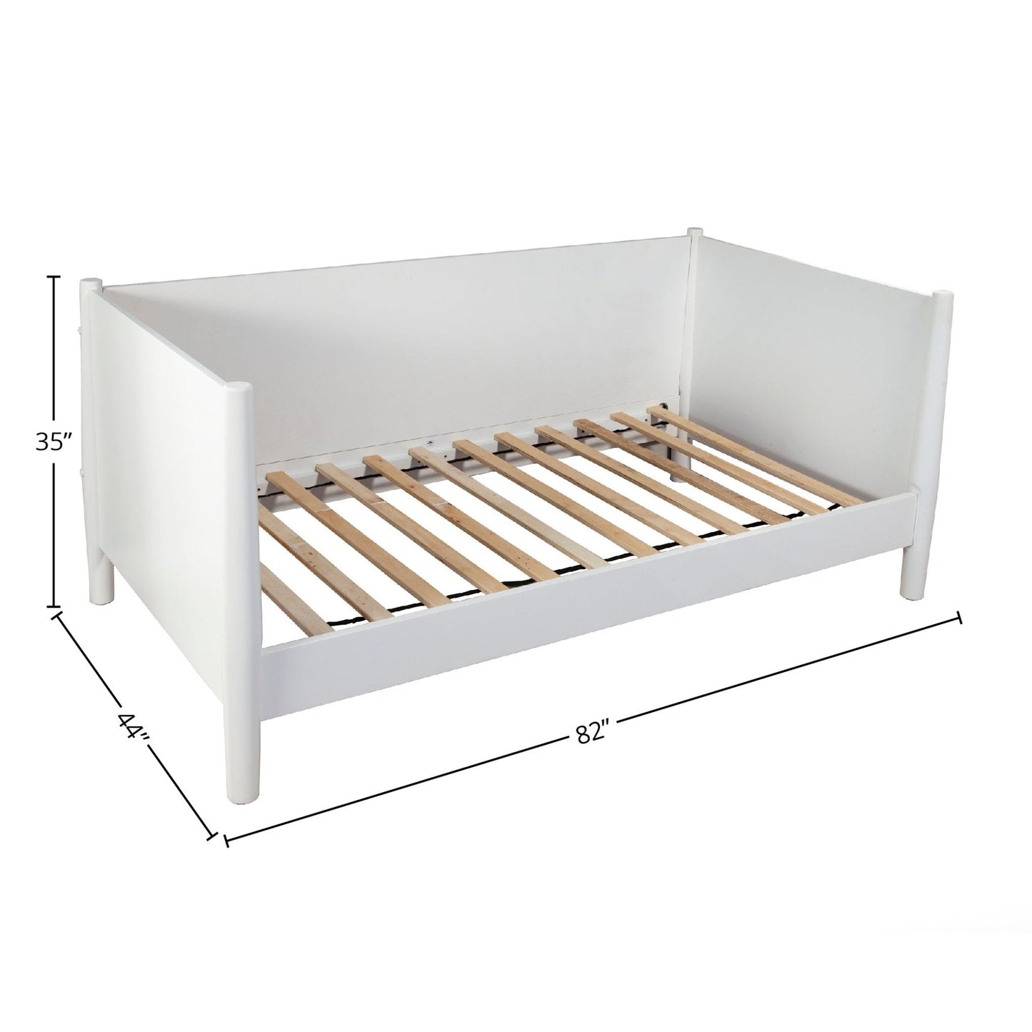 Flynn Day Bed in white, showcasing a sturdy, slatted frame and dimensions of 82x44x35 inches.