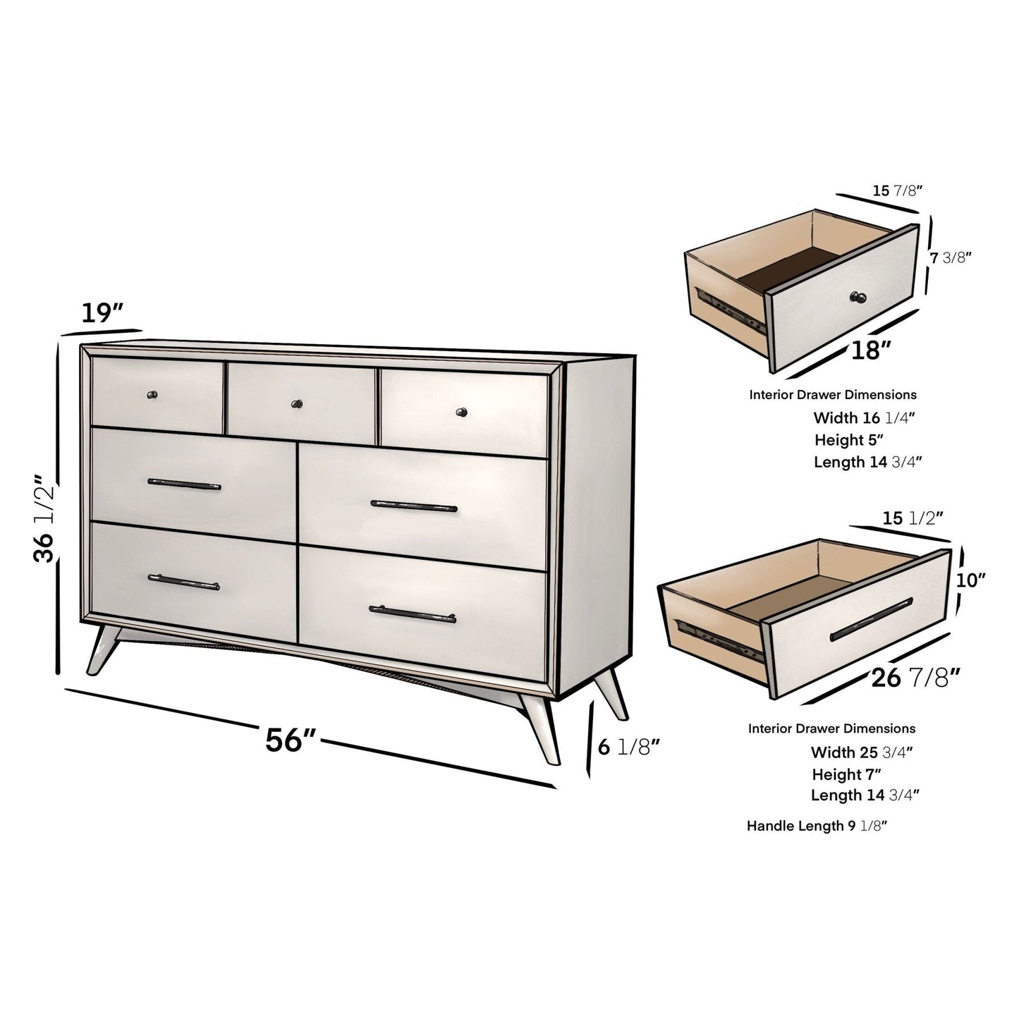 Flynn Dresser in white with dimensions and detail drawings of interior drawers for versatile storage solutions.