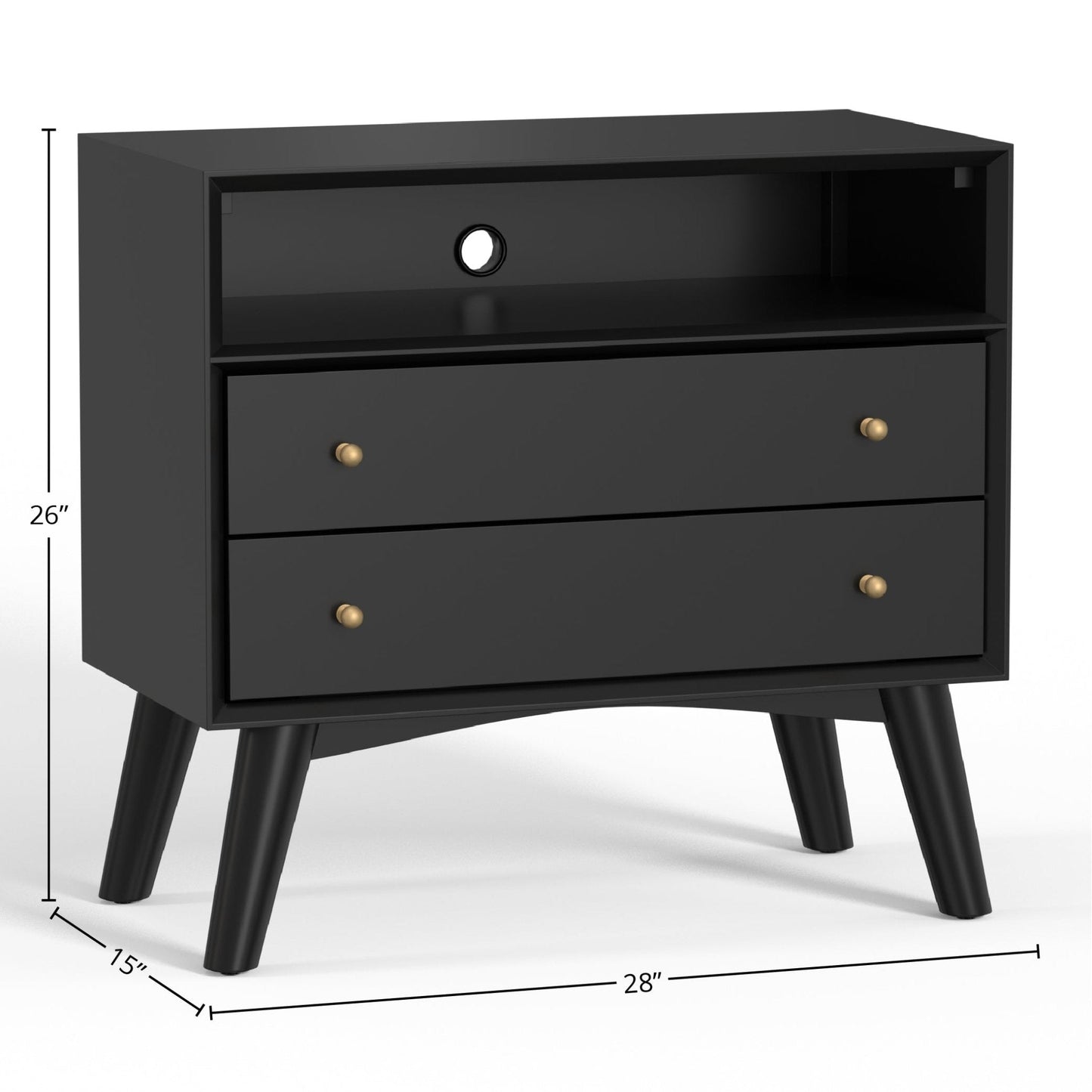 Flynn Large Nightstand in black with two drawers and splayed legs, showcasing Mid-Century Modern design.