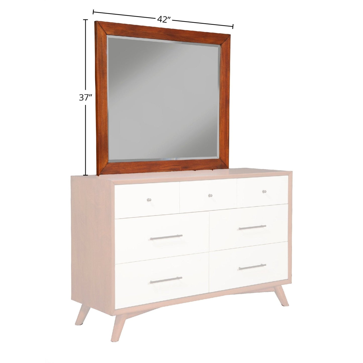 Flynn Mirror in Chestnut color above a stylish dresser with six drawers, showcasing Mid-Century Modern design.
