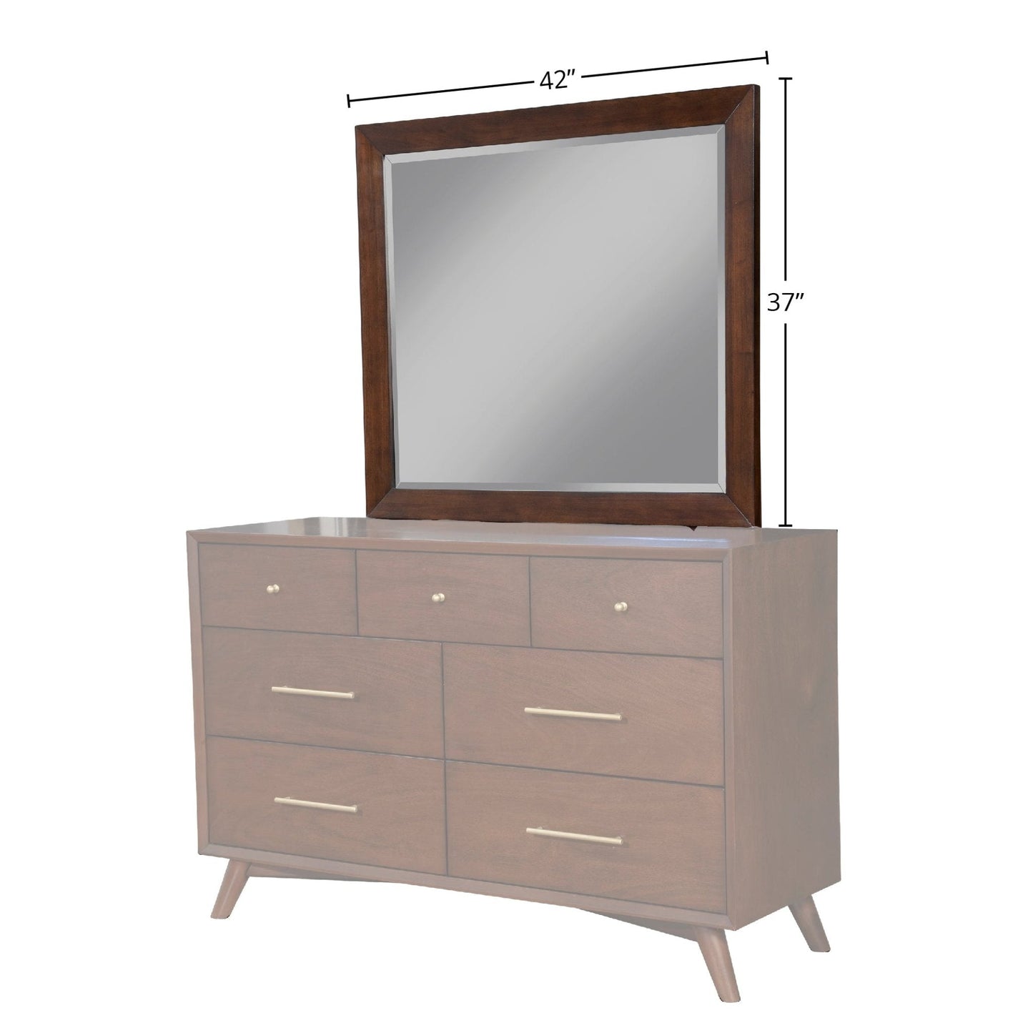 Flynn Mirror, Walnut displayed above a six-drawer dresser showcasing Mid-Century Modern design.