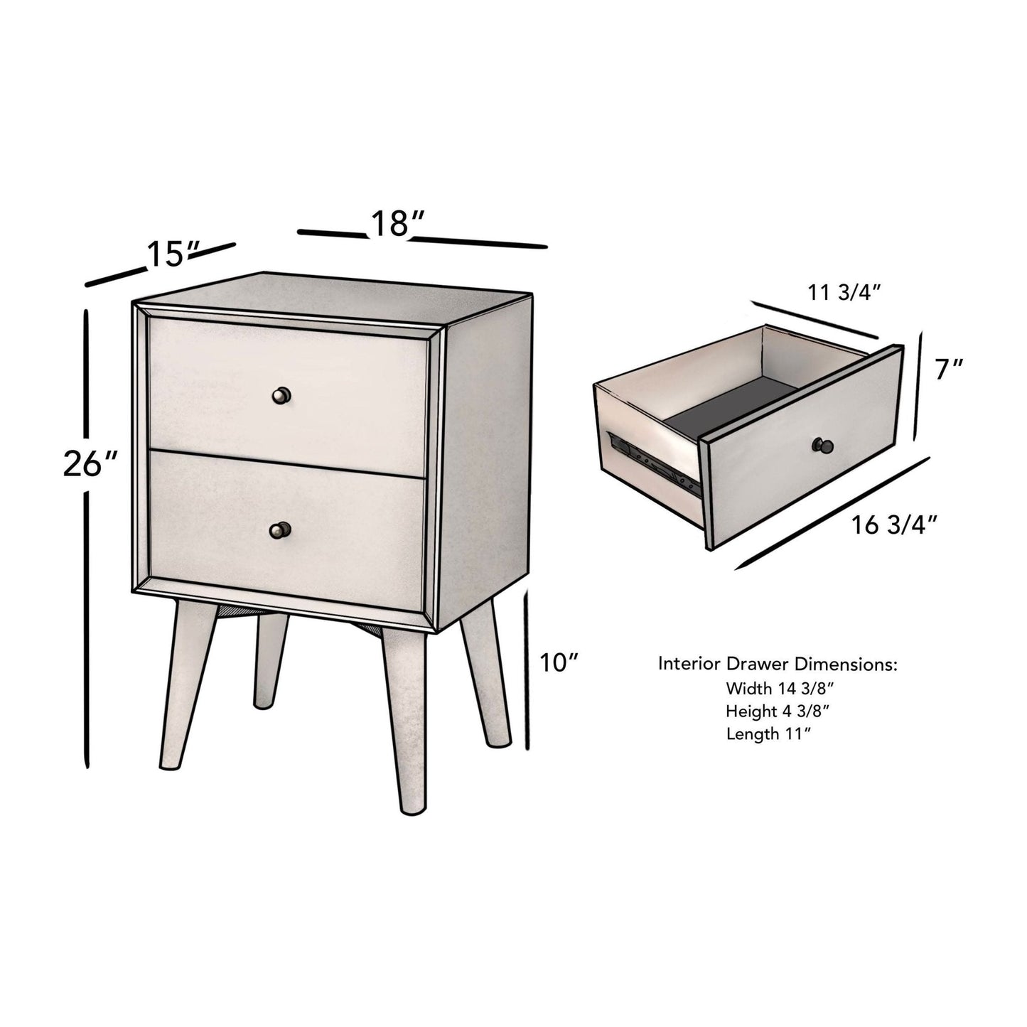Flynn Nightstand dimensions with two drawers for bedside storage, showcasing Mid-Century Modern design.