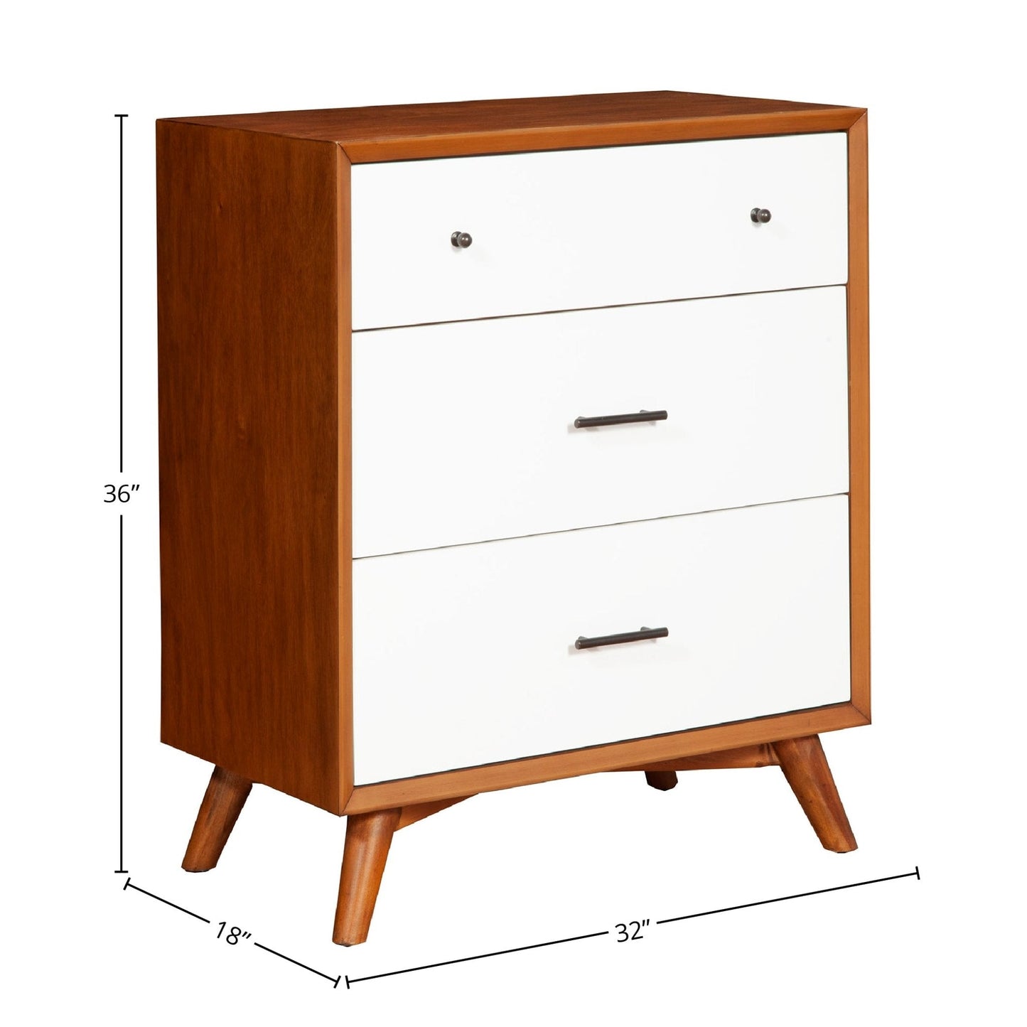 Flynn Small Chest in Chestnut and White with three drawers, Mid-Century Modern design, sturdy Mahogany construction.