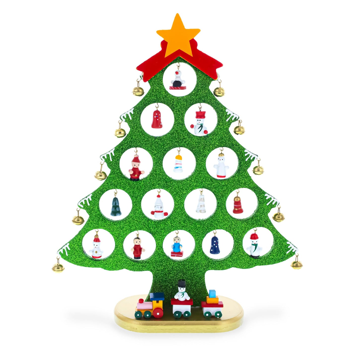 Wooden Tabletop Christmas Tree with 25 Miniature Ornaments and Train Base 12 Inches