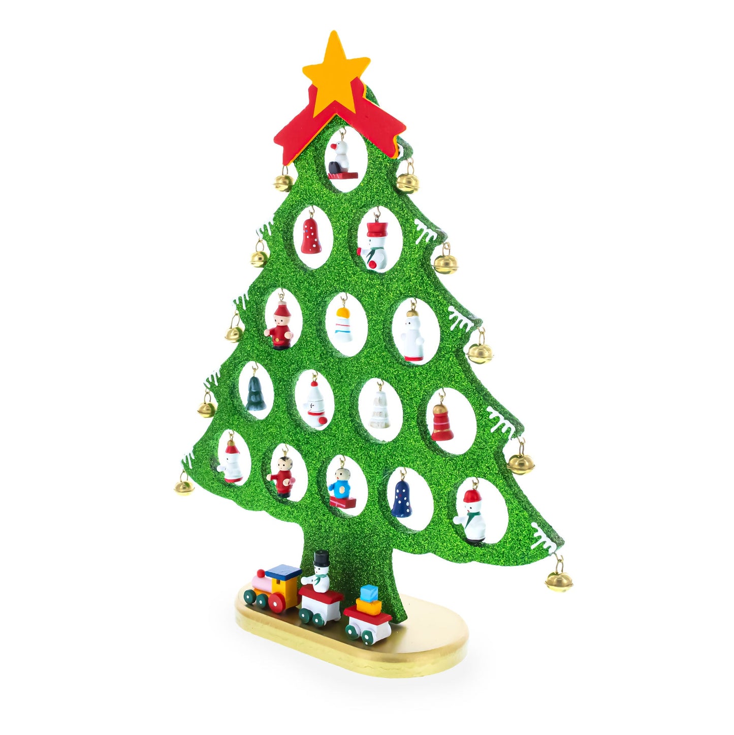 Wooden Tabletop Christmas Tree with 25 Miniature Ornaments and Train Base 12 Inches
