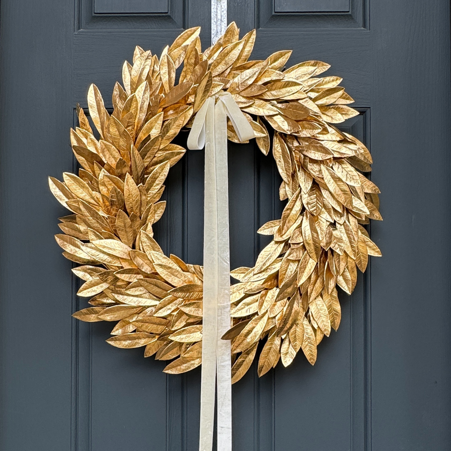 Gold Bay Leaf Christmas Wreath with Black Velvet Bow