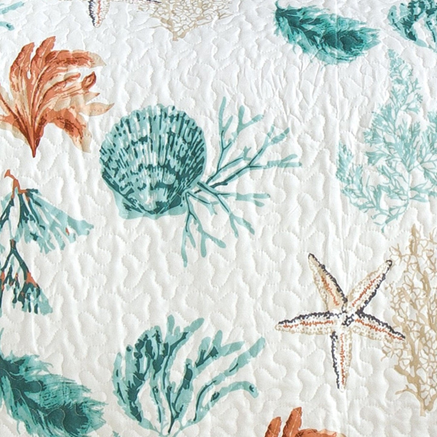 Seashell, starfish, and seaweed pattern on a textured white background